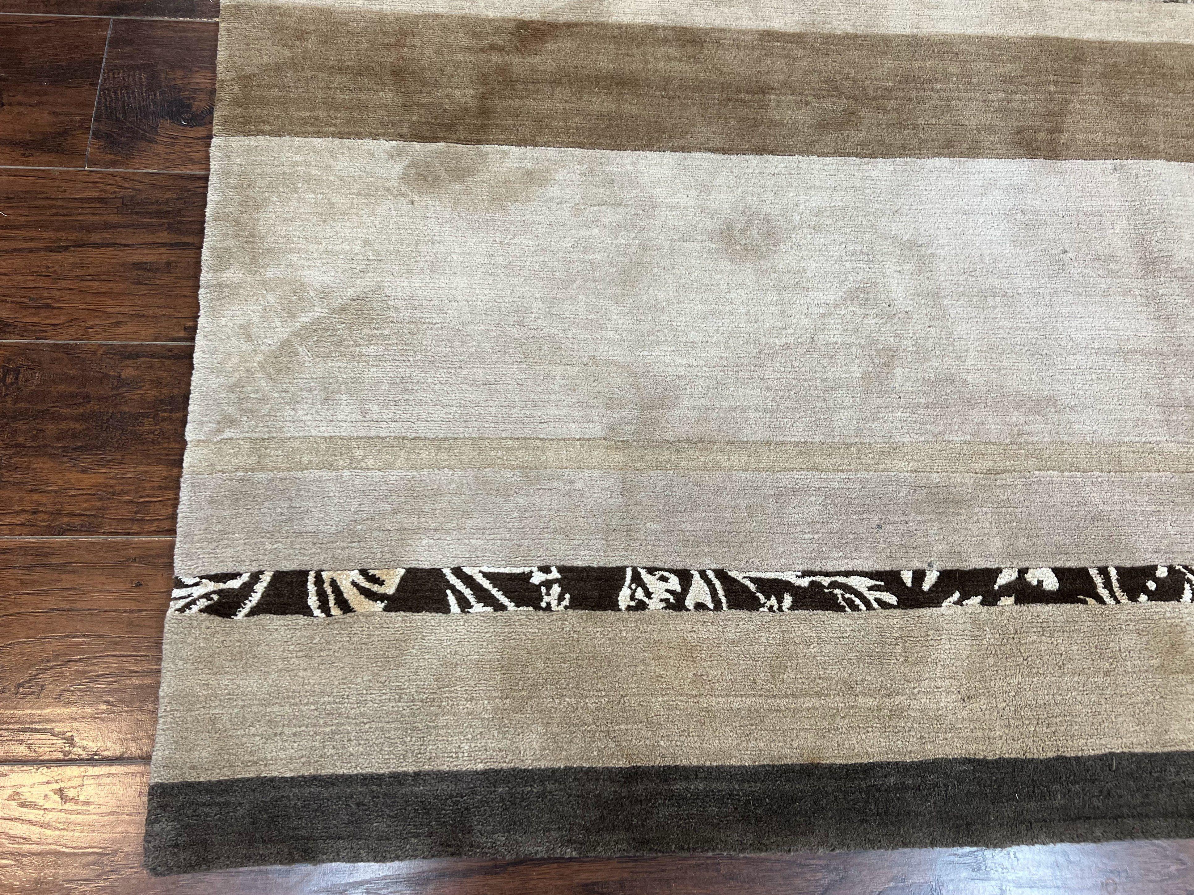 Modern Tibetan Nepali Rug 8x12, Stripe Pattern, Wool with Silk Highlights, Handmade, Beige Tan Brown - Jewel Rugs