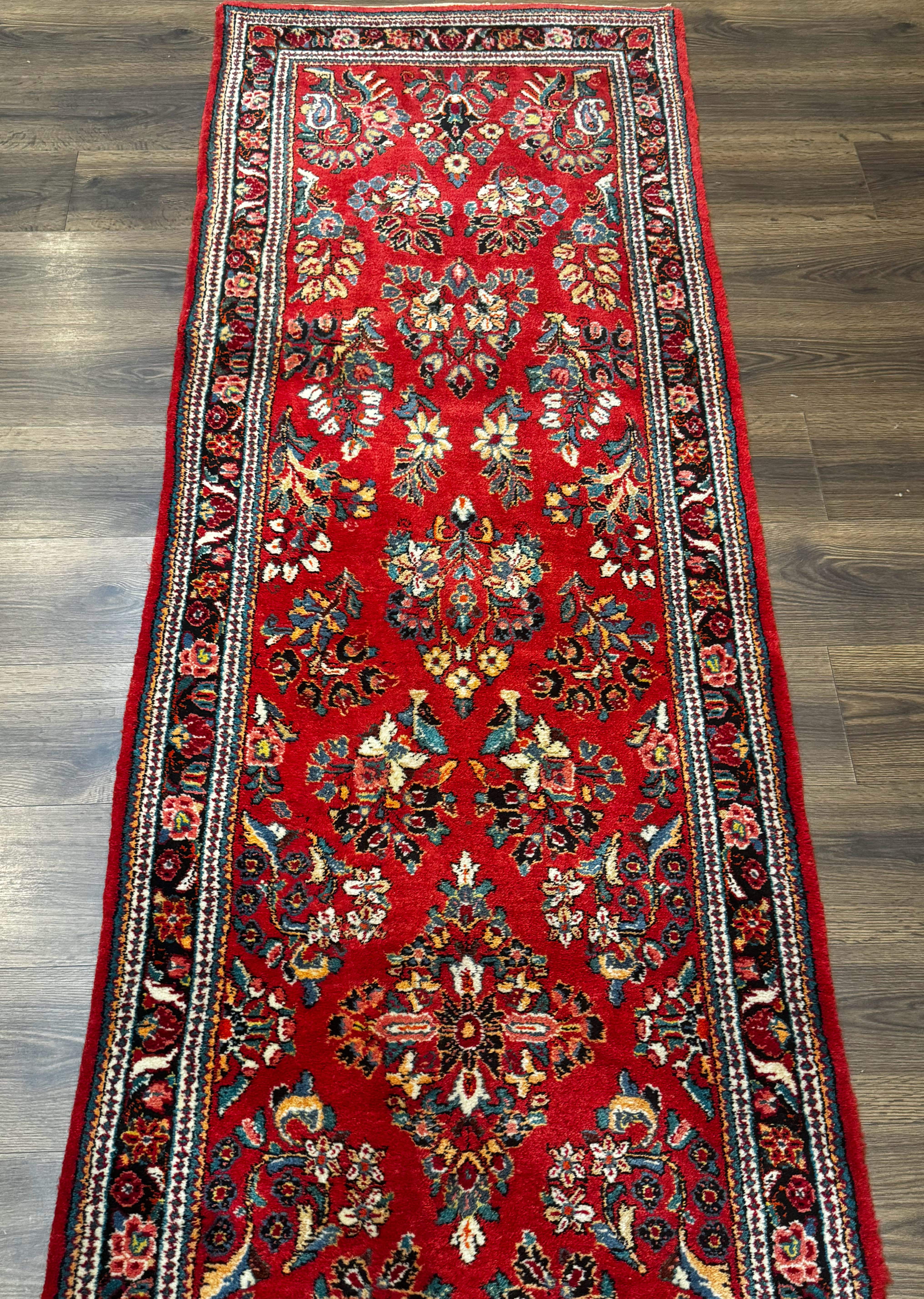 Persian Sarouk Runner Rug 3x12, Red Floral 3 x 12ft Runner, Vintage, Wool - Jewel Rugs