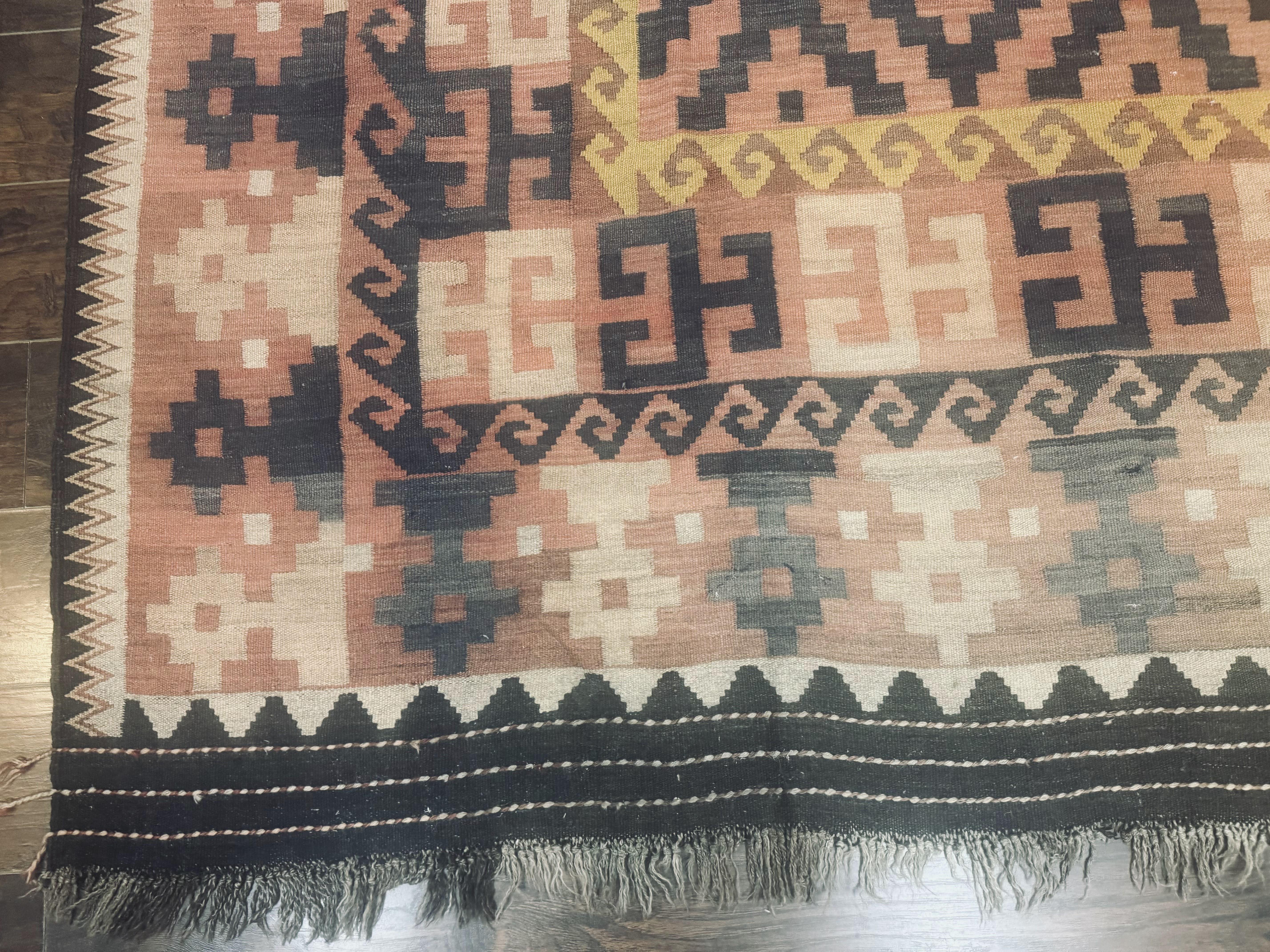 Antique Persian Tribal Kilim Rug 9x12, Zig Zag Pattern Kilim, Zarand Rug, Wool, Earth Tone Colors - Jewel Rugs