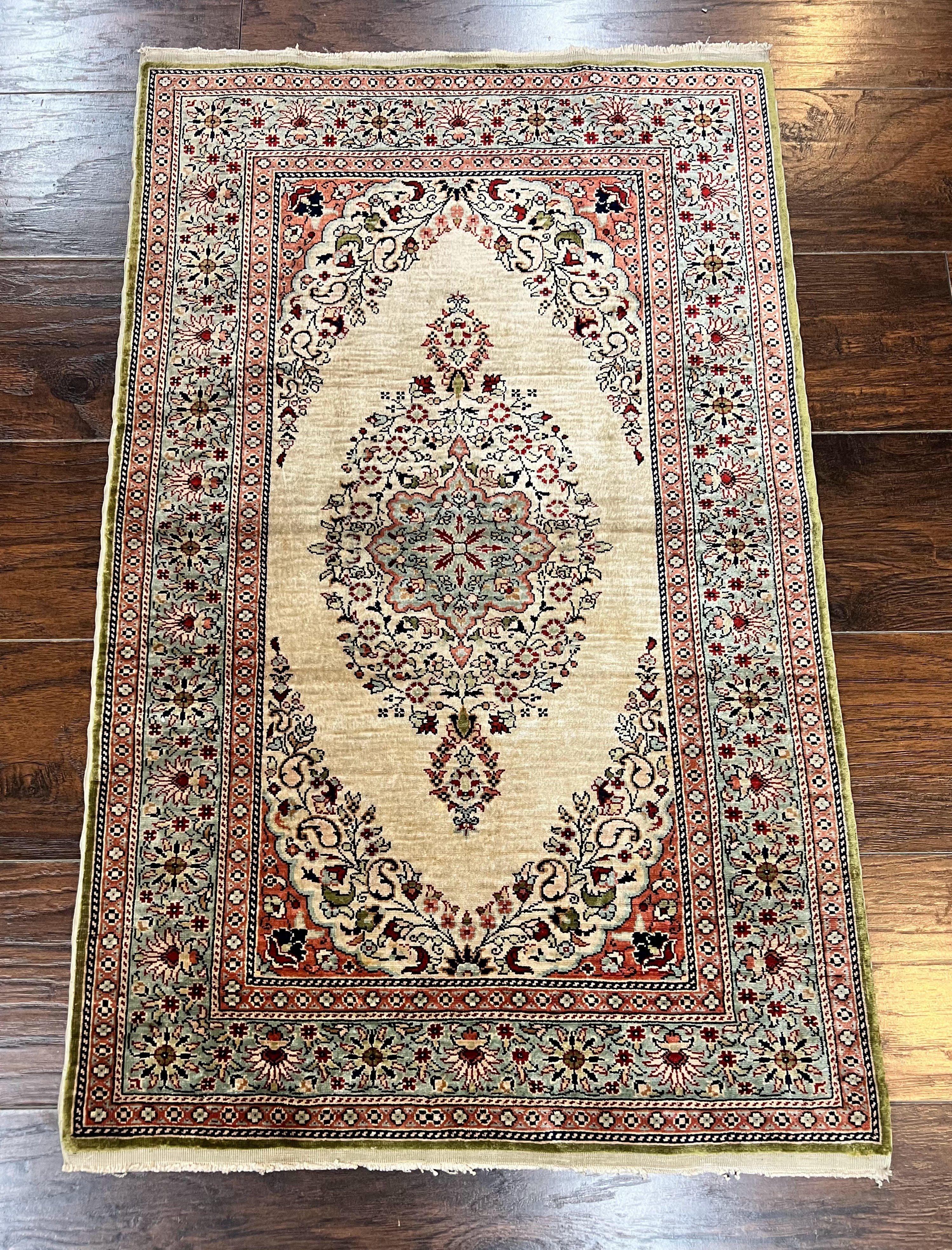 Silk Turkish Kayseri Rug 2x3, Very Finely Hand Knotted, Semi Open Field, Vintage, Silk Pile on Silk Foundation, 300 KPSI - Jewel Rugs
