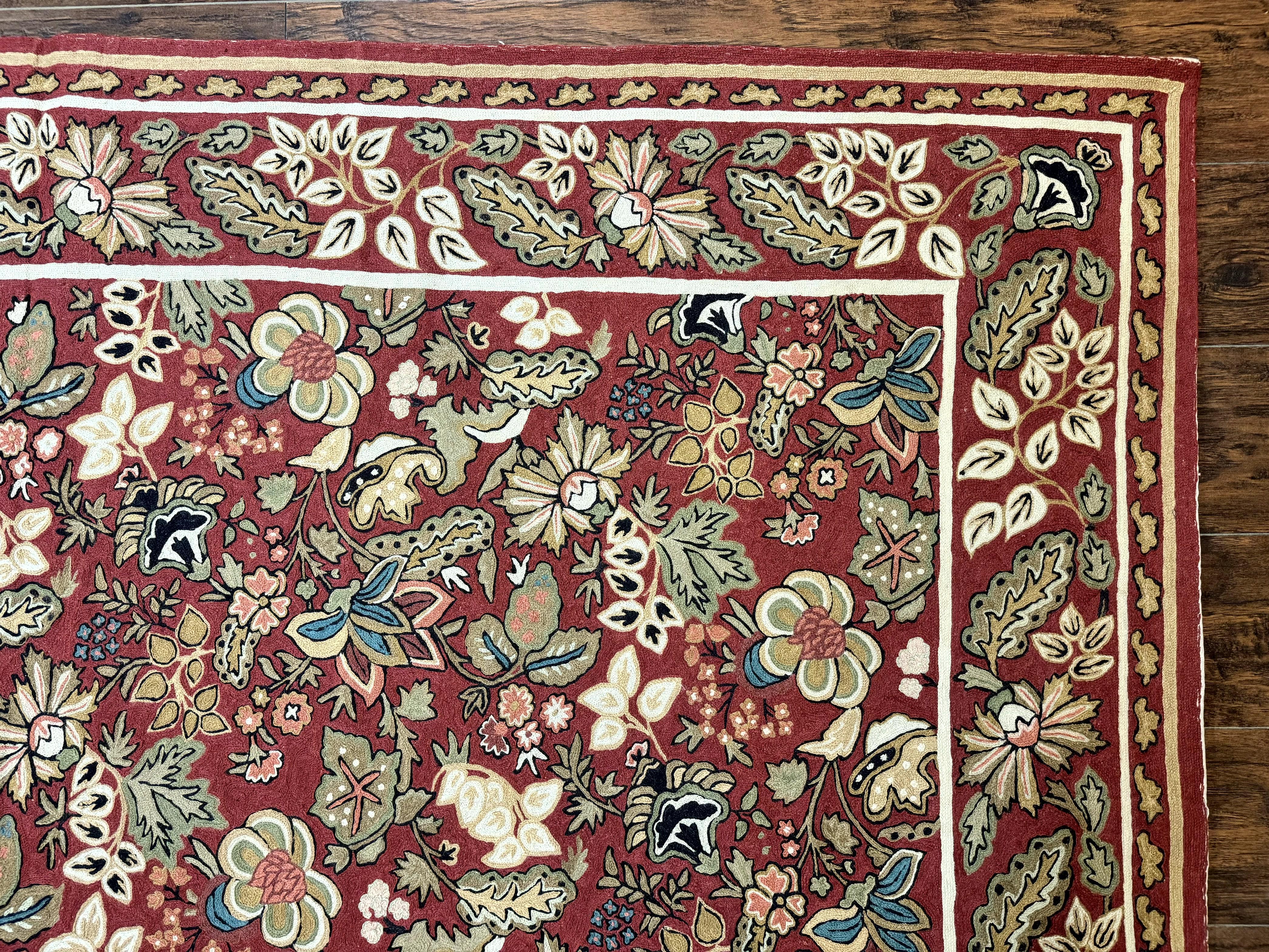Indian Hand Stitched Rug 8x10, Large Vintage Floral Handmade Carpet, Dark Red Multicolor - Jewel Rugs