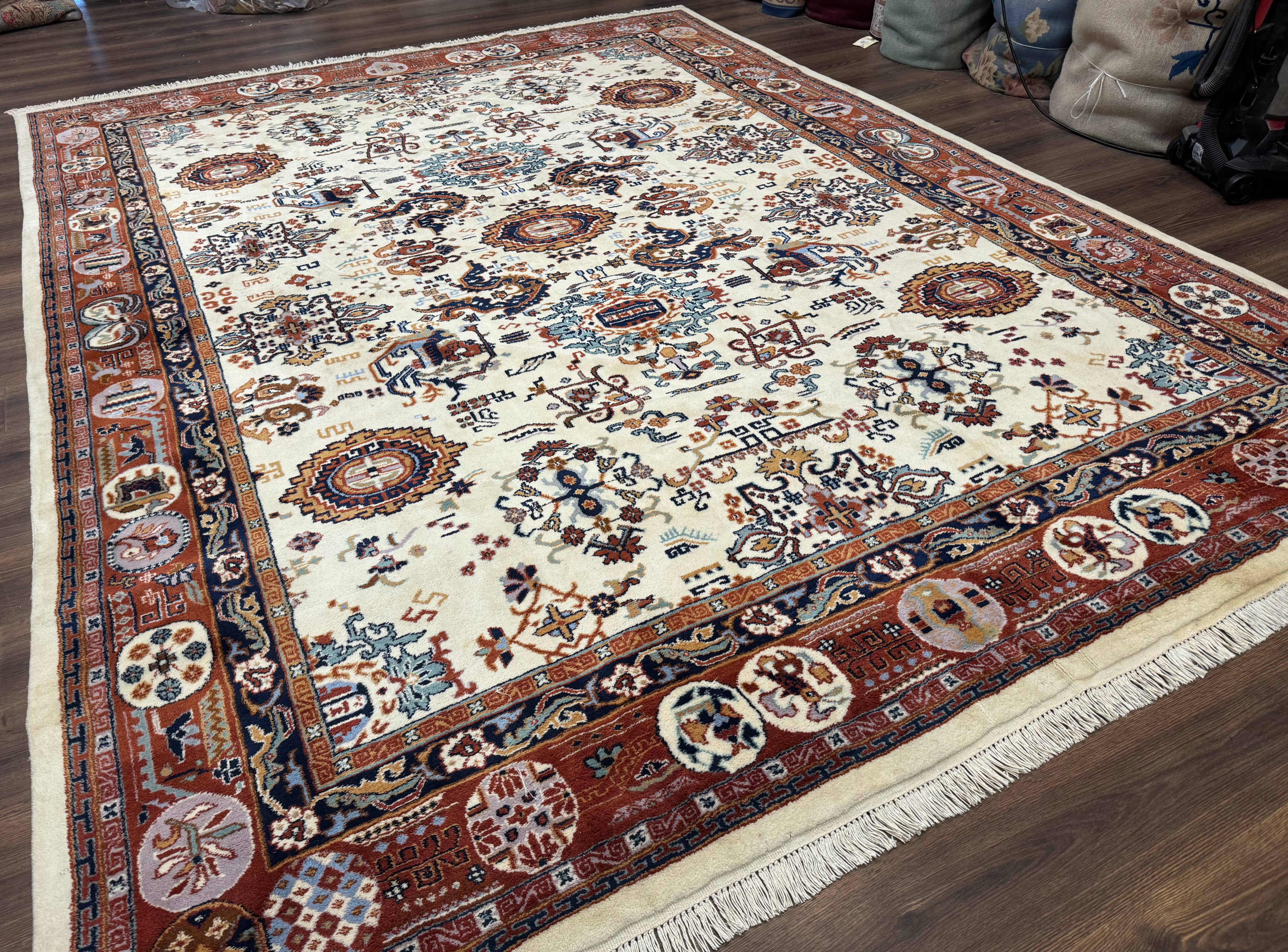 Indo Chinese Wool Rug 9x12, Ivory and Rust Red, Dragon Motifs - Jewel Rugs