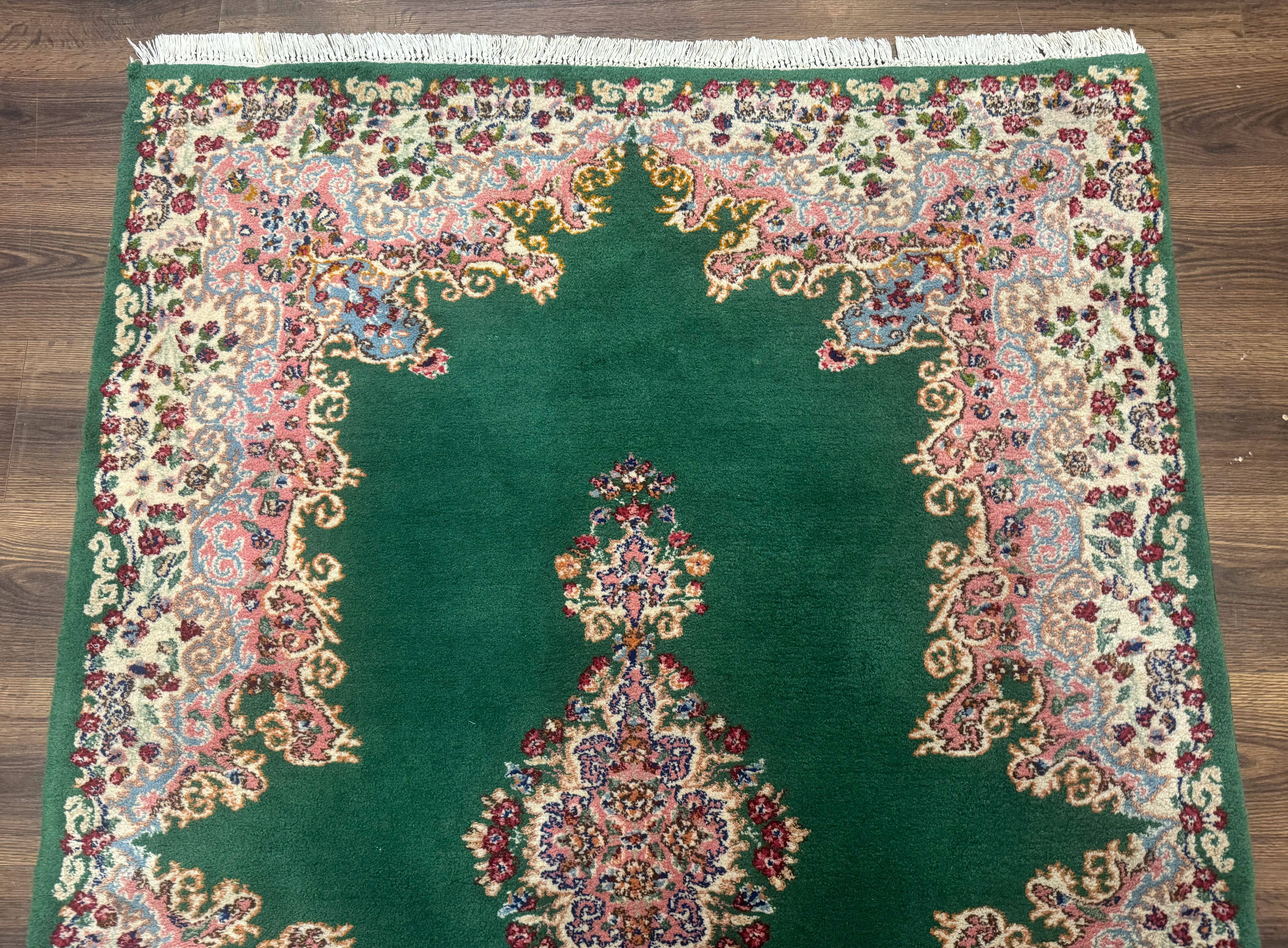Green Persian Kerman Rug 4x6, Semi Open Field, Green & Cream, Vintage - Jewel Rugs