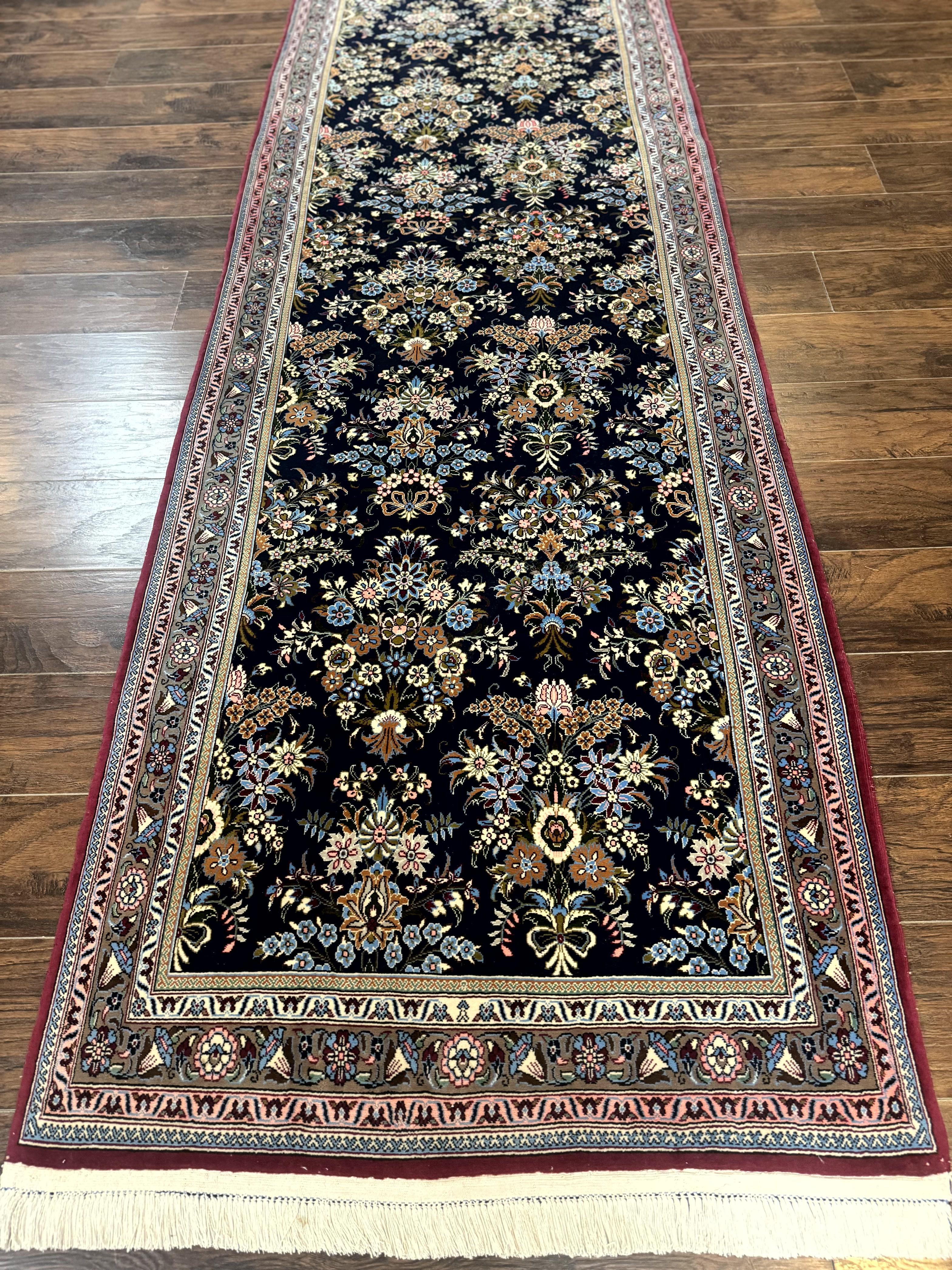 Persian Runner Rug 3.6 x 13, Floral Bouquets, Navy Blue, Colorful Flowers, Fine 210 KPSI - Jewel Rugs