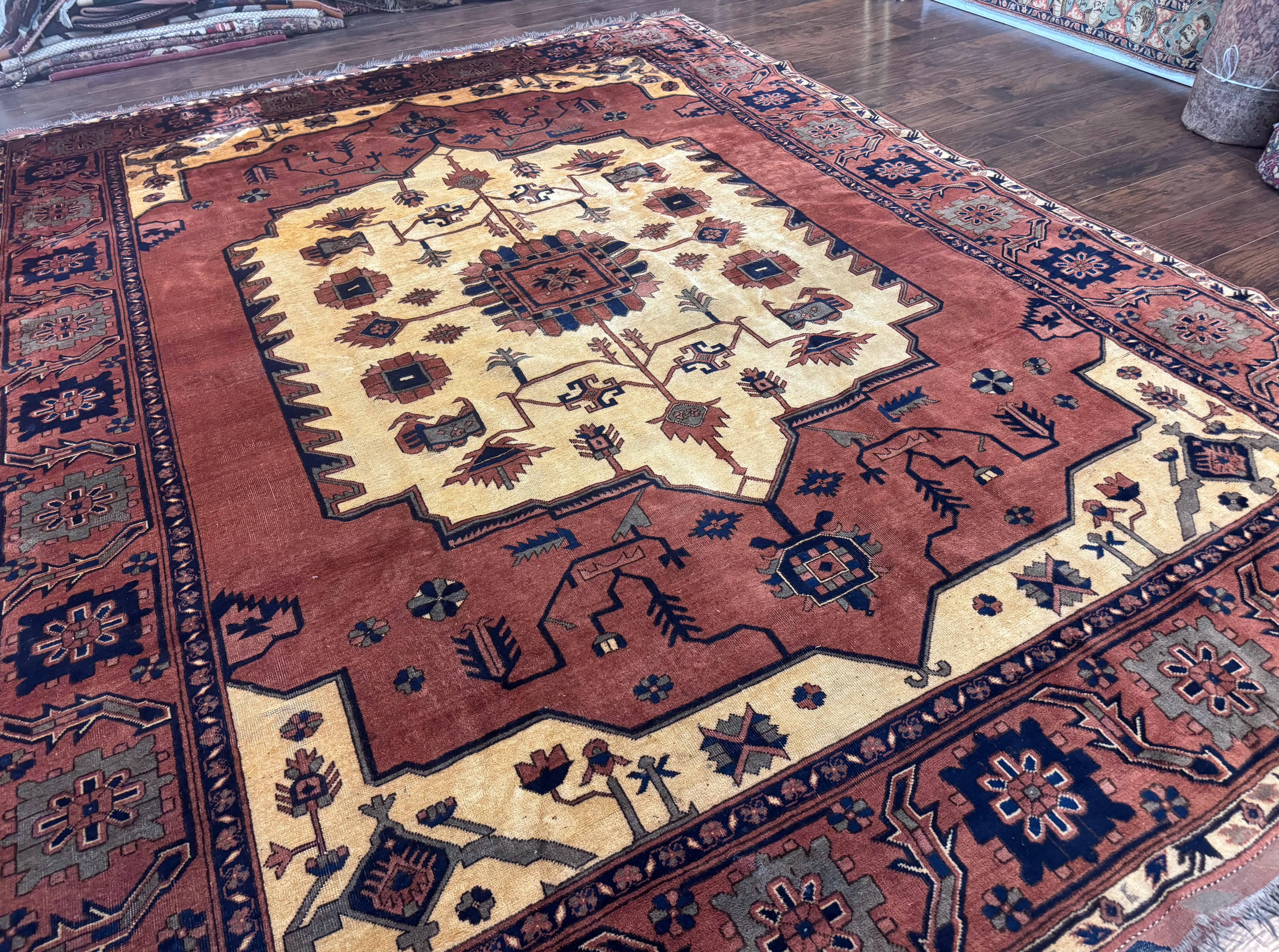 Afghan Heriz Rug 9x12, Tribal Geometric Serapi Carpet, Rust Cream and Navy, Wool on Wool - Jewel Rugs