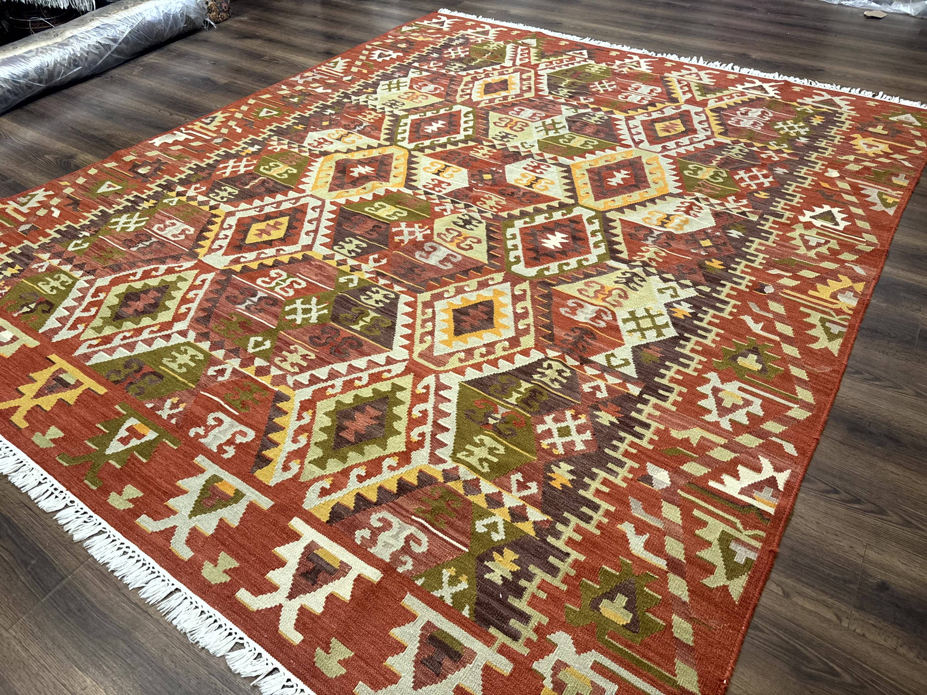 Turkish Kilim Rug 8x10, Geometric Design, Large Kilim Carpet - Jewel Rugs