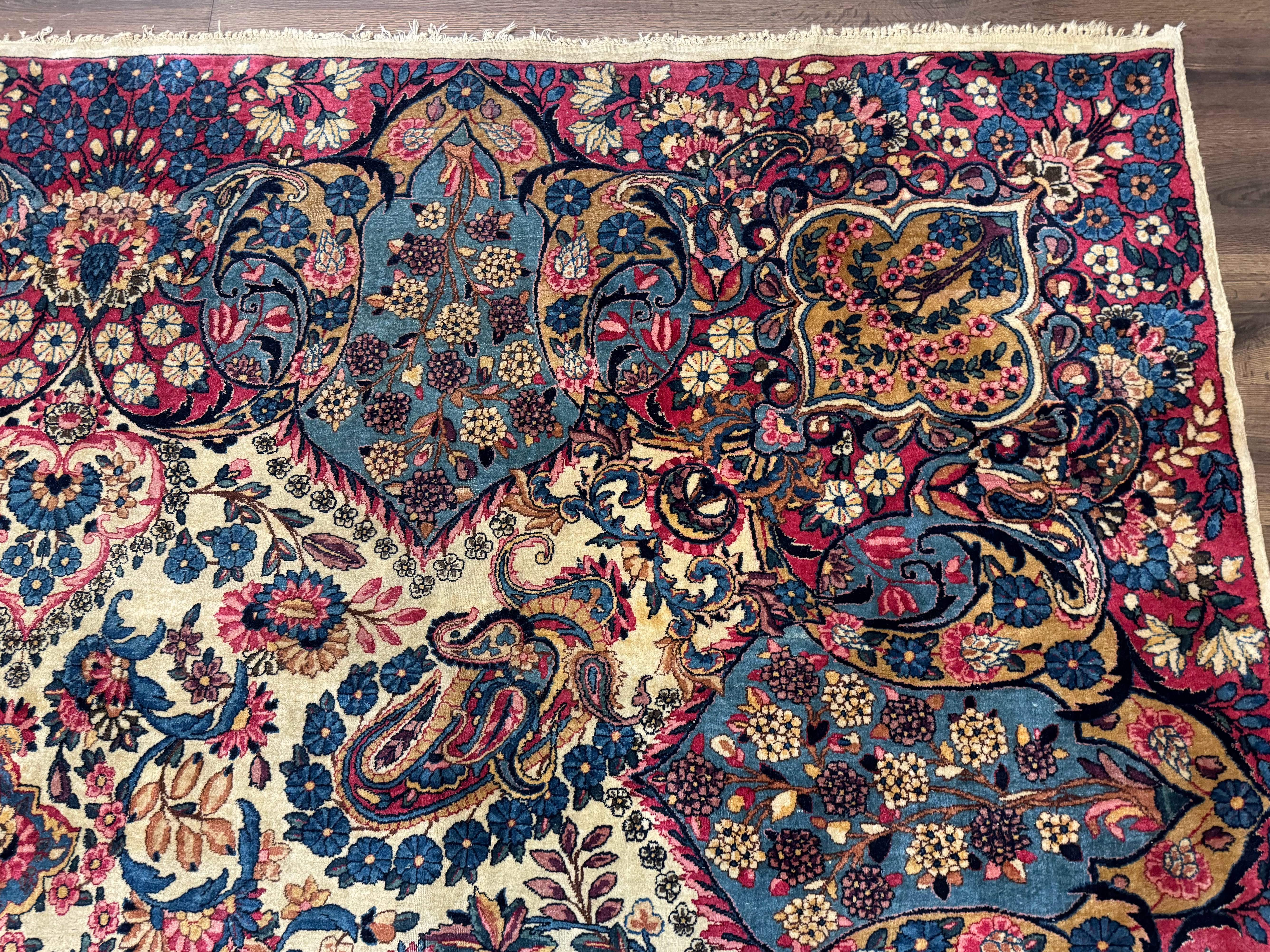 Wonderful Persian Kerman Rug 11x16, Rare Antique Palace Size Persian Carpet, Cream Blue Red, Colorful - Jewel Rugs
