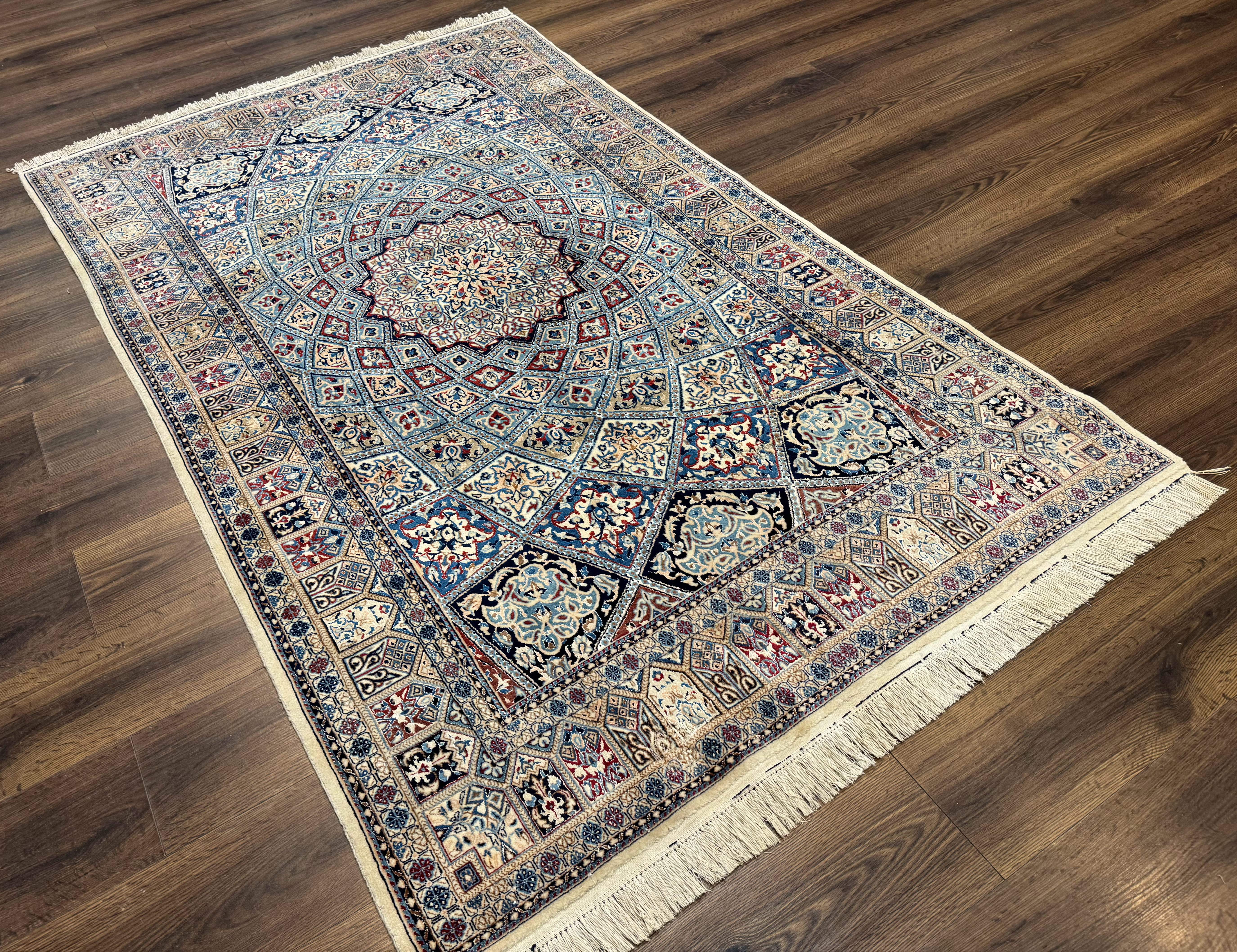 Persian Nain Rug 5x7, Very Fine 500 KPSI, Ivory and Blue, Dome Design, Wool & Silk - Jewel Rugs