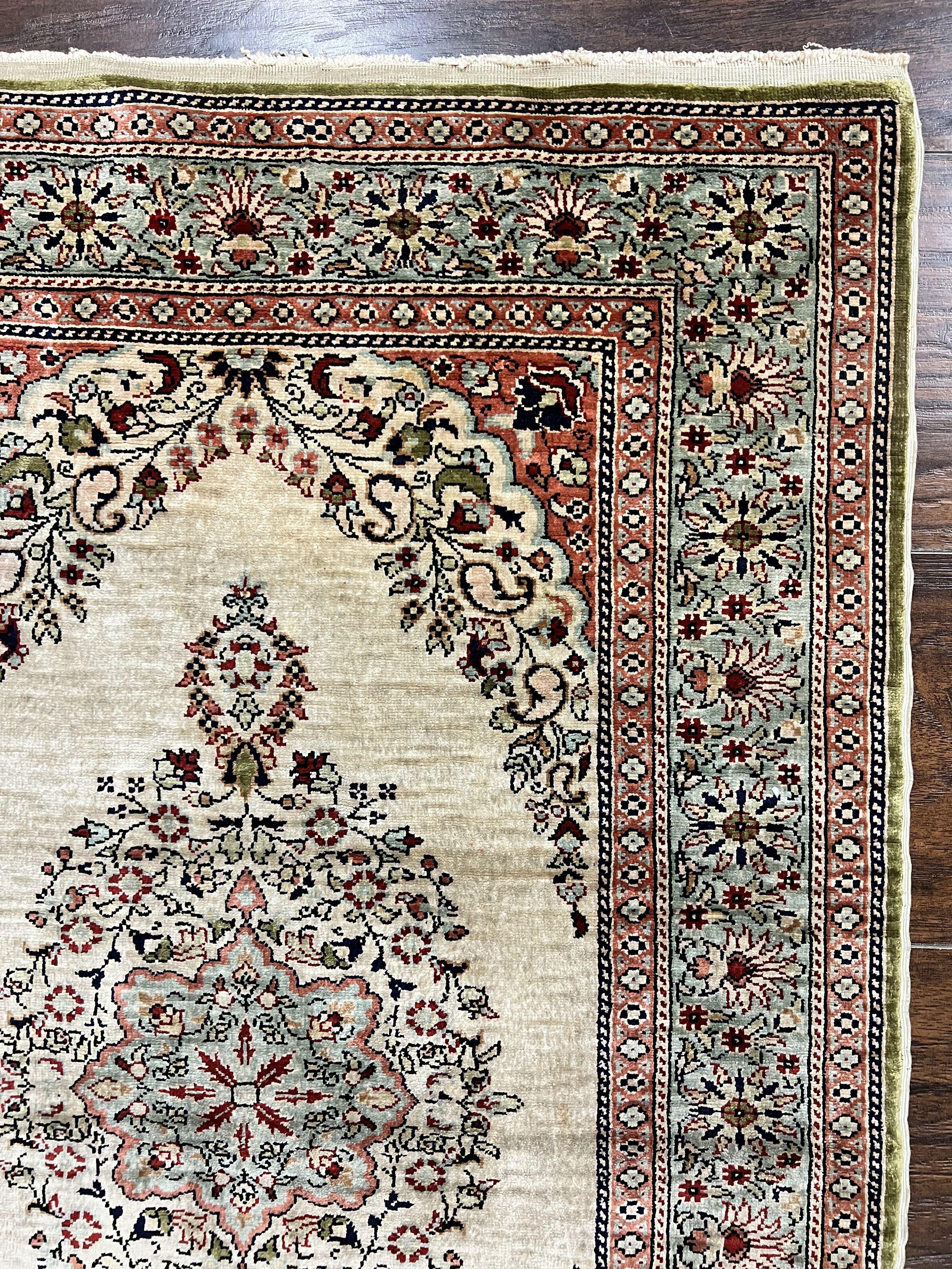 Silk Turkish Kayseri Rug 2x3, Very Finely Hand Knotted, Semi Open Field, Vintage, Silk Pile on Silk Foundation, 300 KPSI - Jewel Rugs