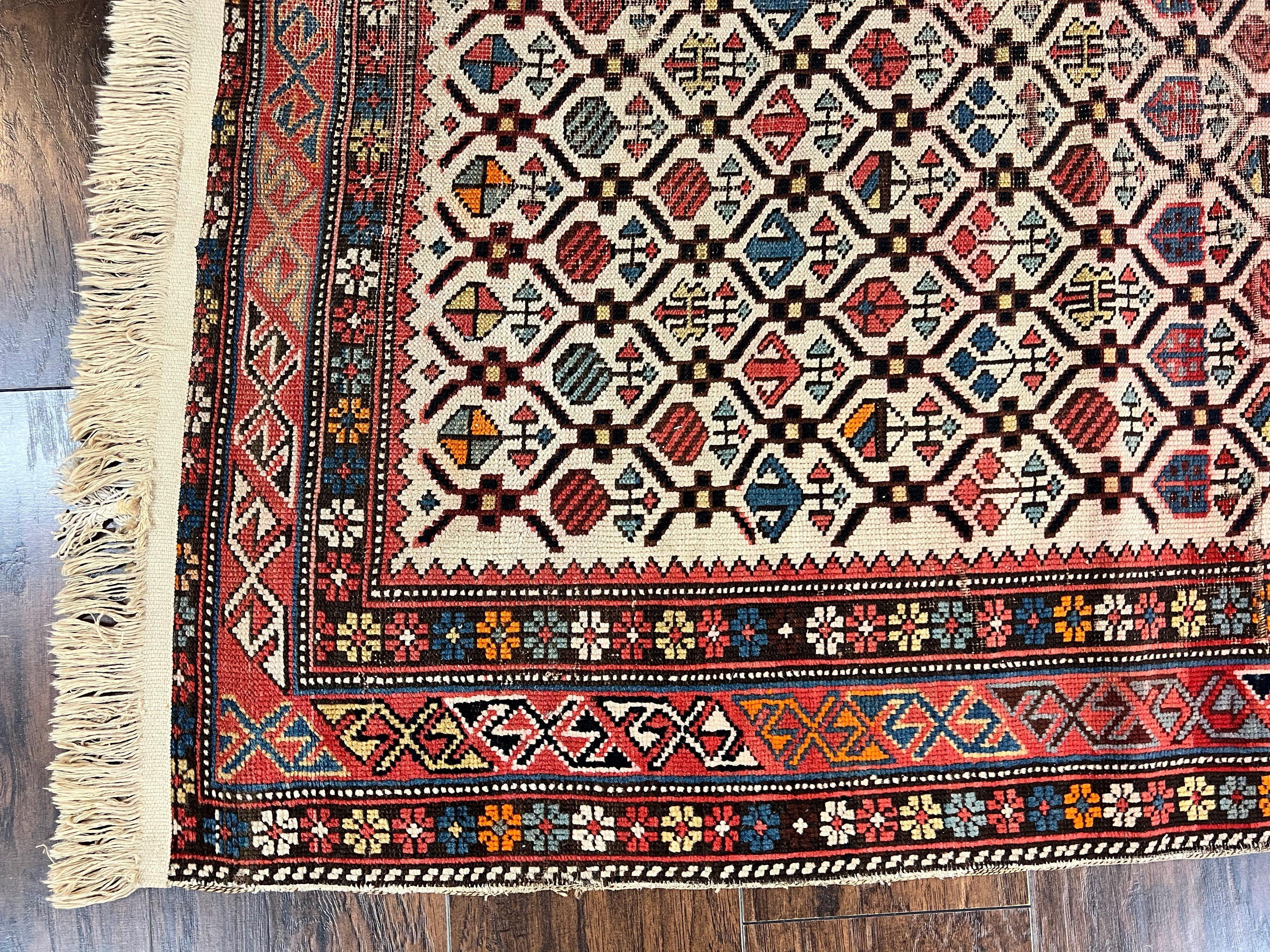 Antique Caucasian Rug 4x5, Hand Knotted Handmade Shirvan Oriental Carpet, Ivory Red Rug Allover Pattern, Rare Wool Rug, Tribal Geometric Rug - Jewel Rugs