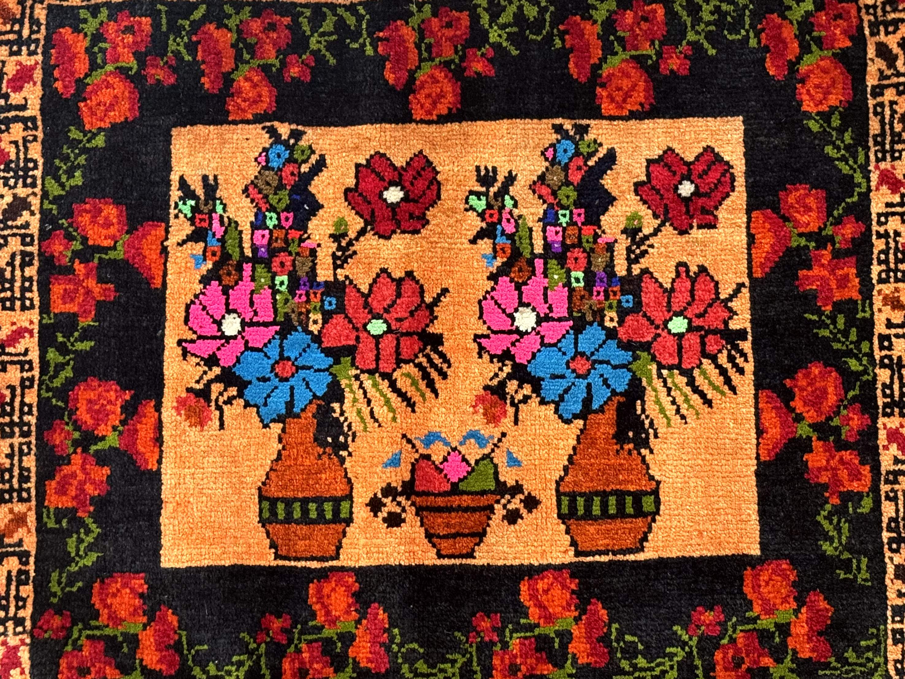 Small Persian Balouchi Rug 2x2, Floral Vases, Tribal Rug - Jewel Rugs