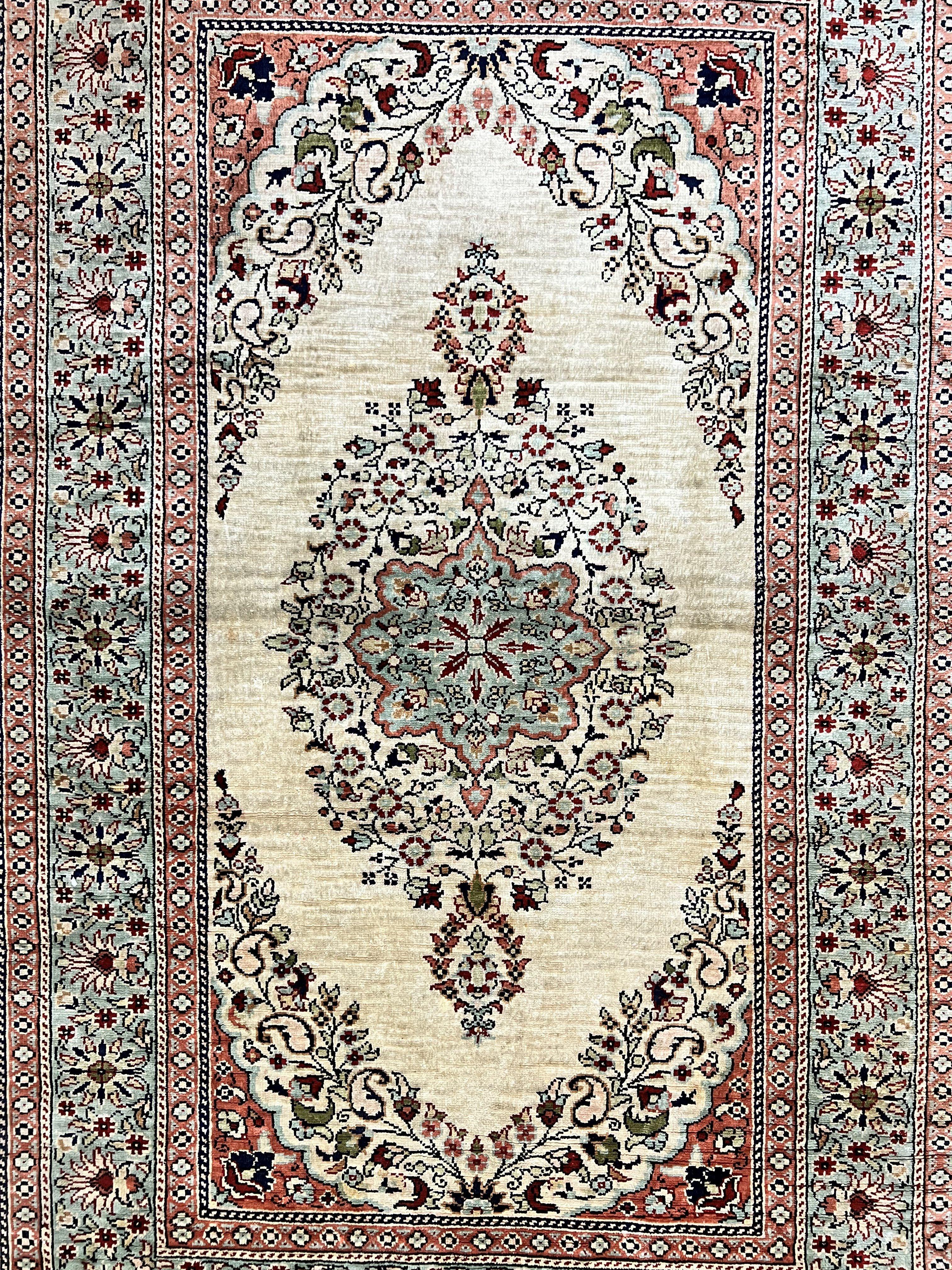 Silk Turkish Kayseri Rug 2x3, Very Finely Hand Knotted, Semi Open Field, Vintage, Silk Pile on Silk Foundation, 300 KPSI - Jewel Rugs