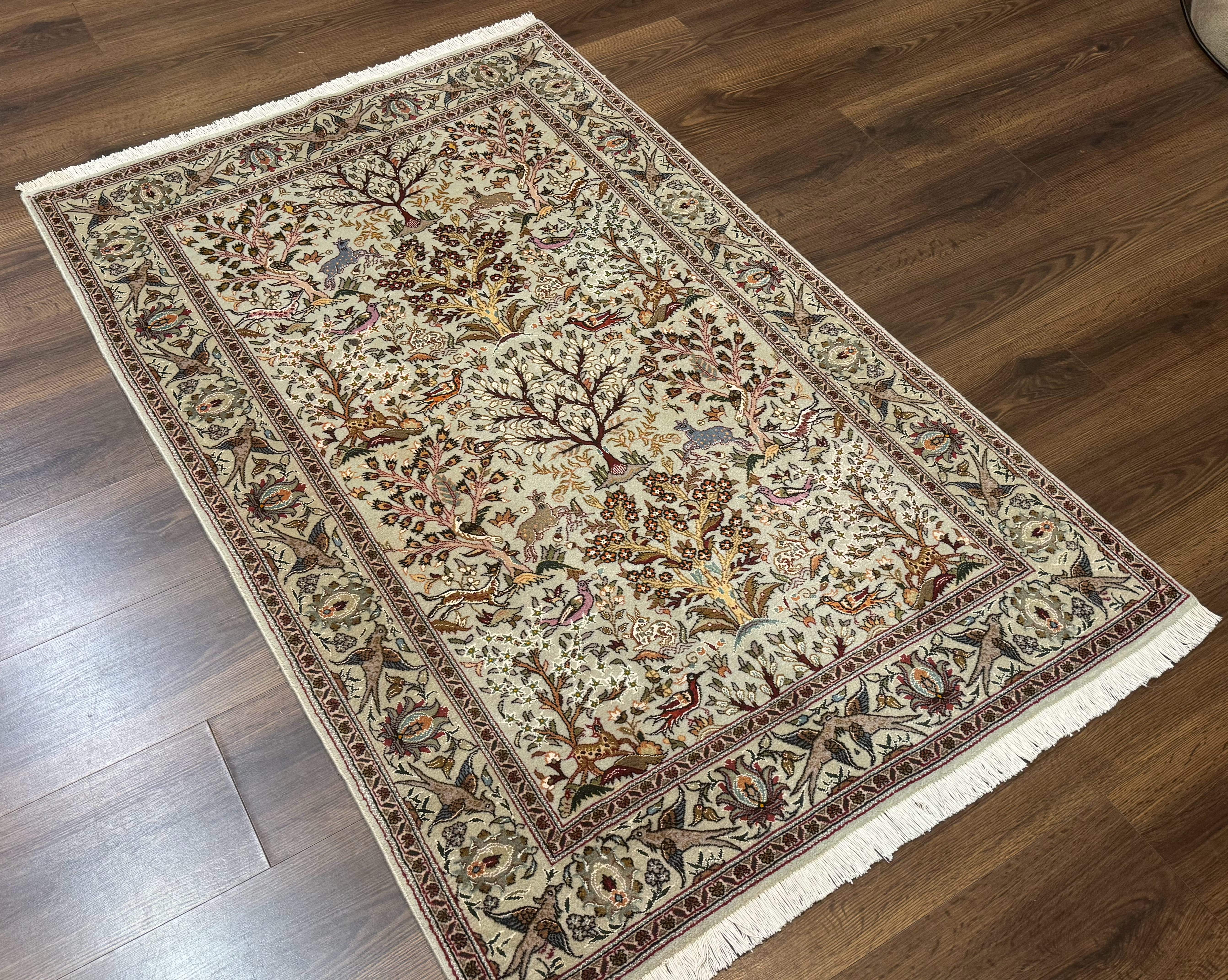 Wonderful Persian Tabriz Rug 3x5, Tree of Life, Animal Pictorials, Birds, Wool & Silk Highlights, Fine 330 KPSI - Jewel Rugs