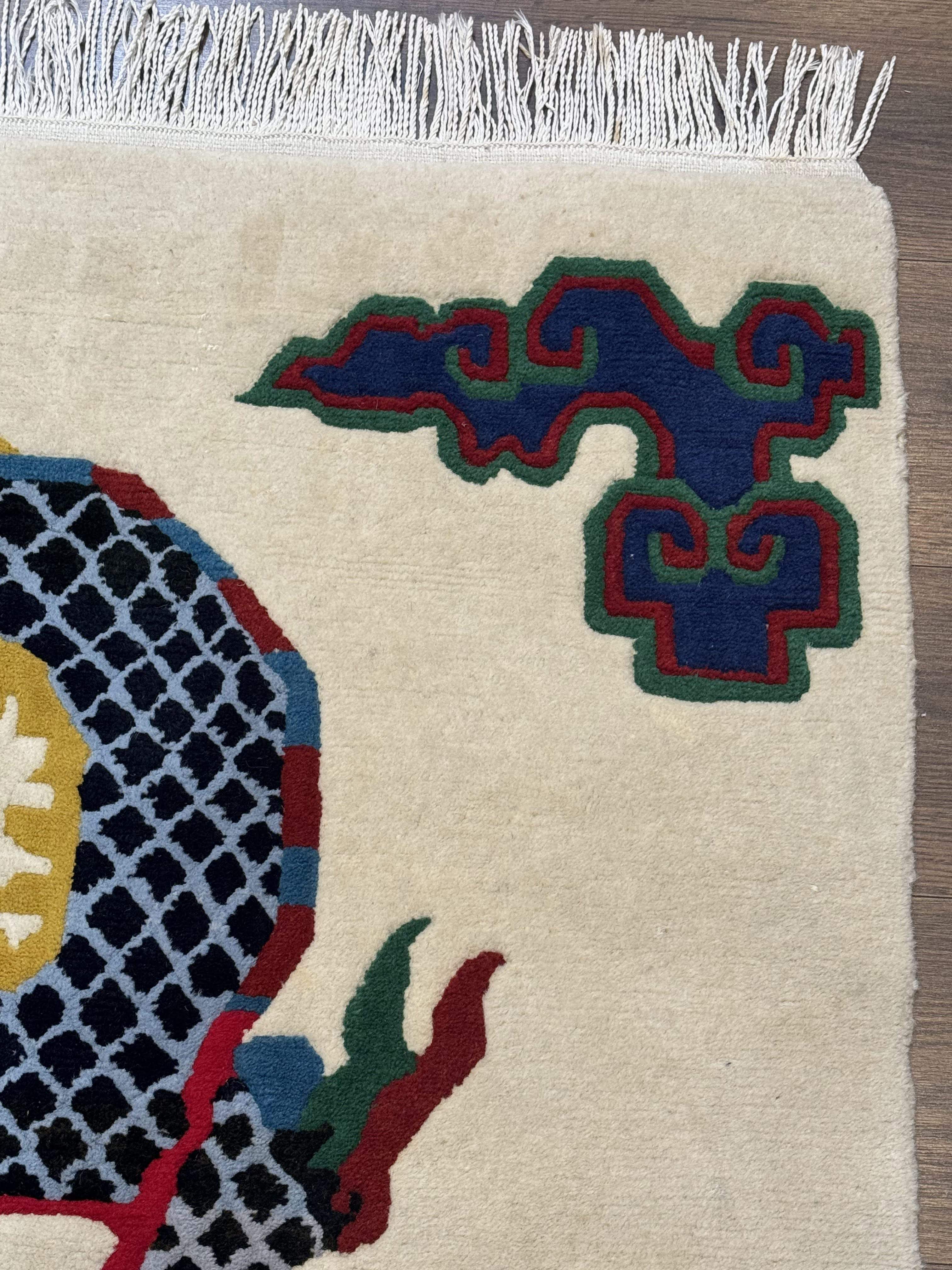 Chinese Dragon Rug 3x5 – Ivory, Hand-Knotted Wool, Vintage Carpet - Jewel Rugs