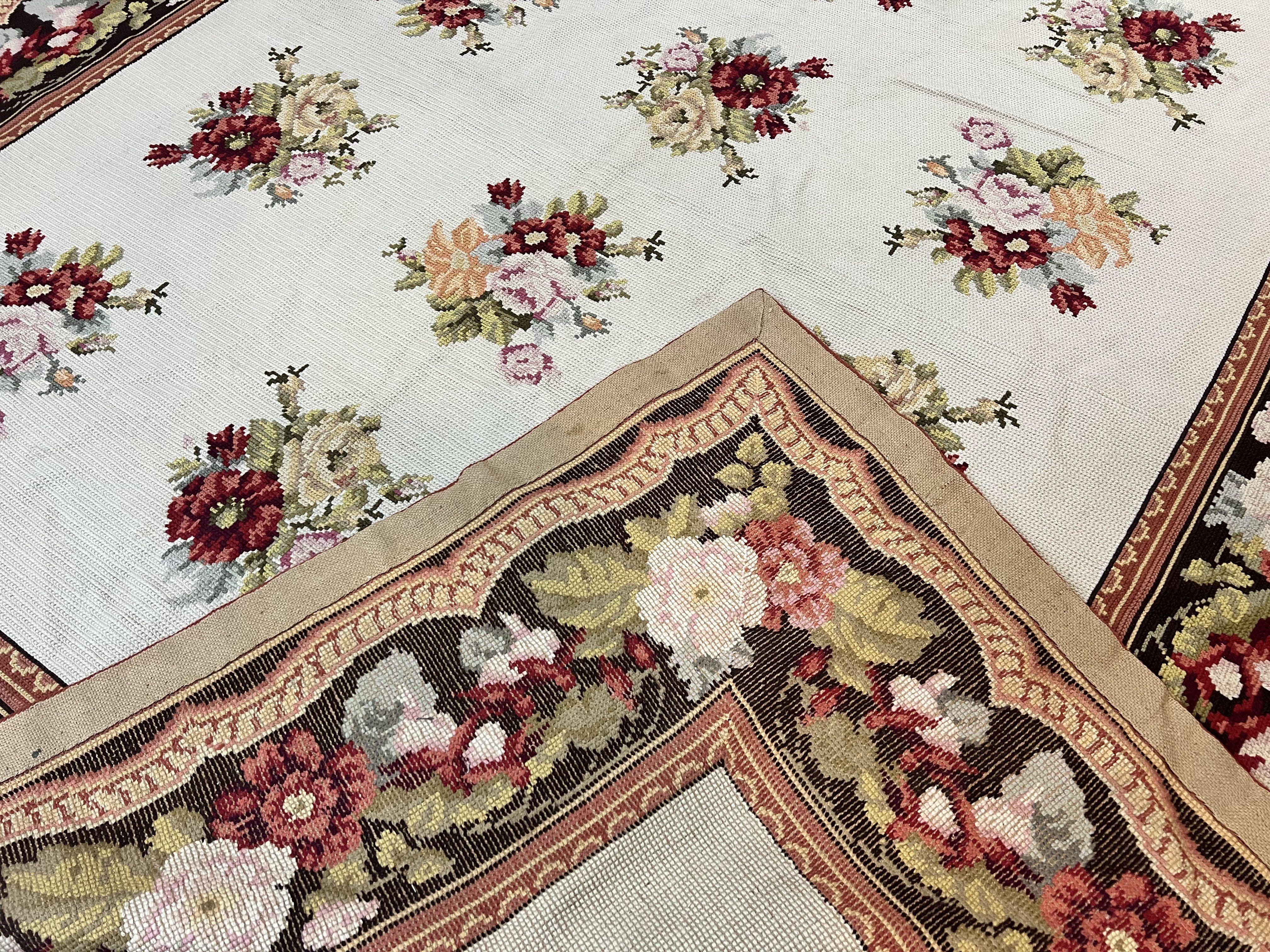 Portuguese Needlepoint Rug 8x9, Vintage Rug 8 x 9 ft, Ivory Dark Brown Hand-Woven Wool Portuguese Carpet, European Rug - Jewel Rugs