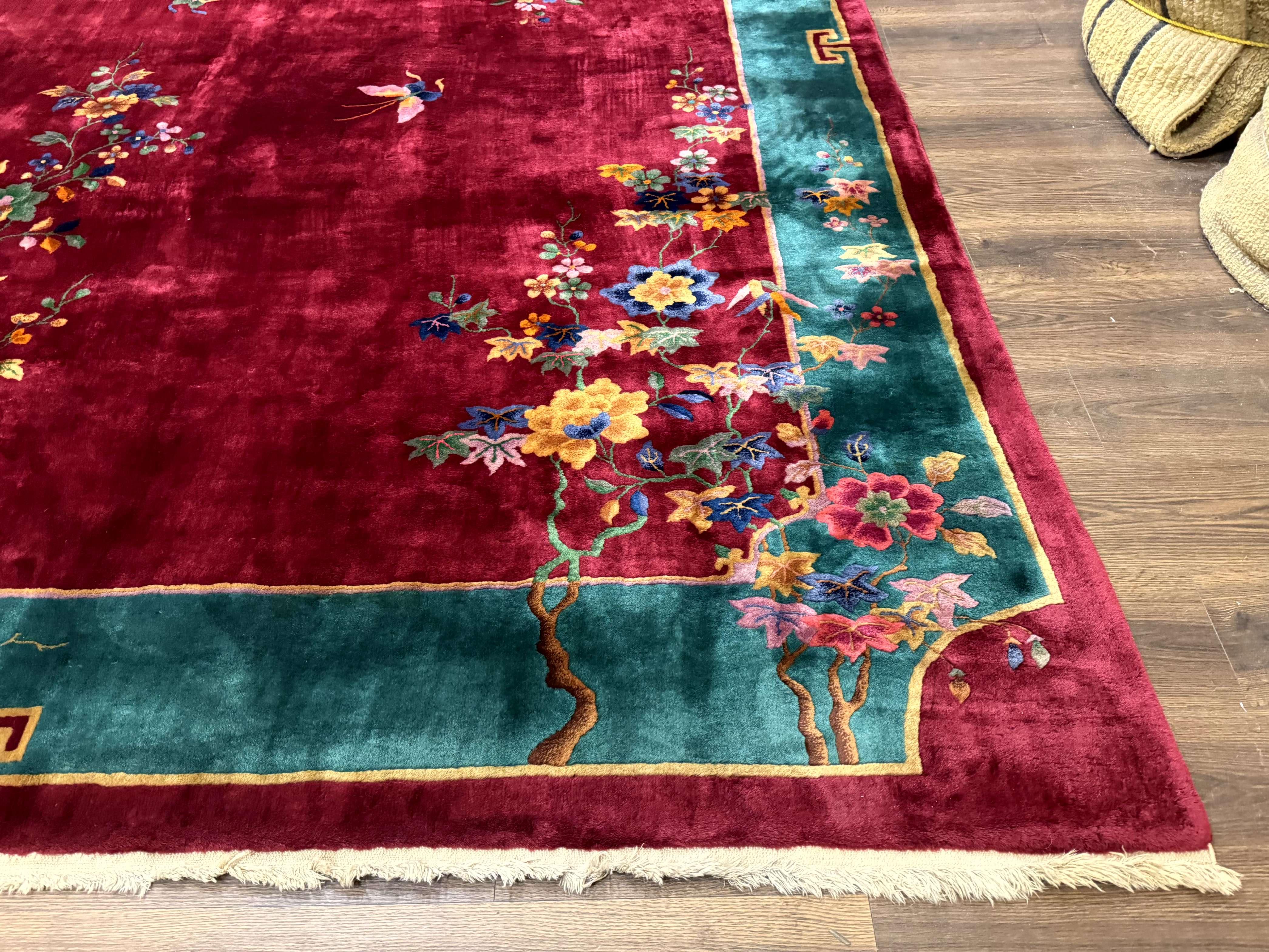 Antique Chinese Art Deco Rug 9x11, Rare, Nichols Rug, Cherry Red and Green, Chinese Wool Carpet - Jewel Rugs