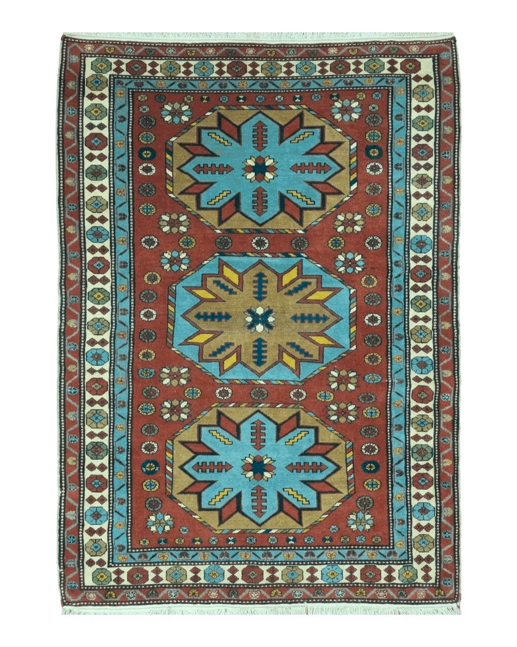 Caucasian Shirvan Rug 4x6, Colorful Geometric Medallions Russia 4' 1" x 6' in Rust Red and Turquoise Blue, Tan, Cream - 2604J034