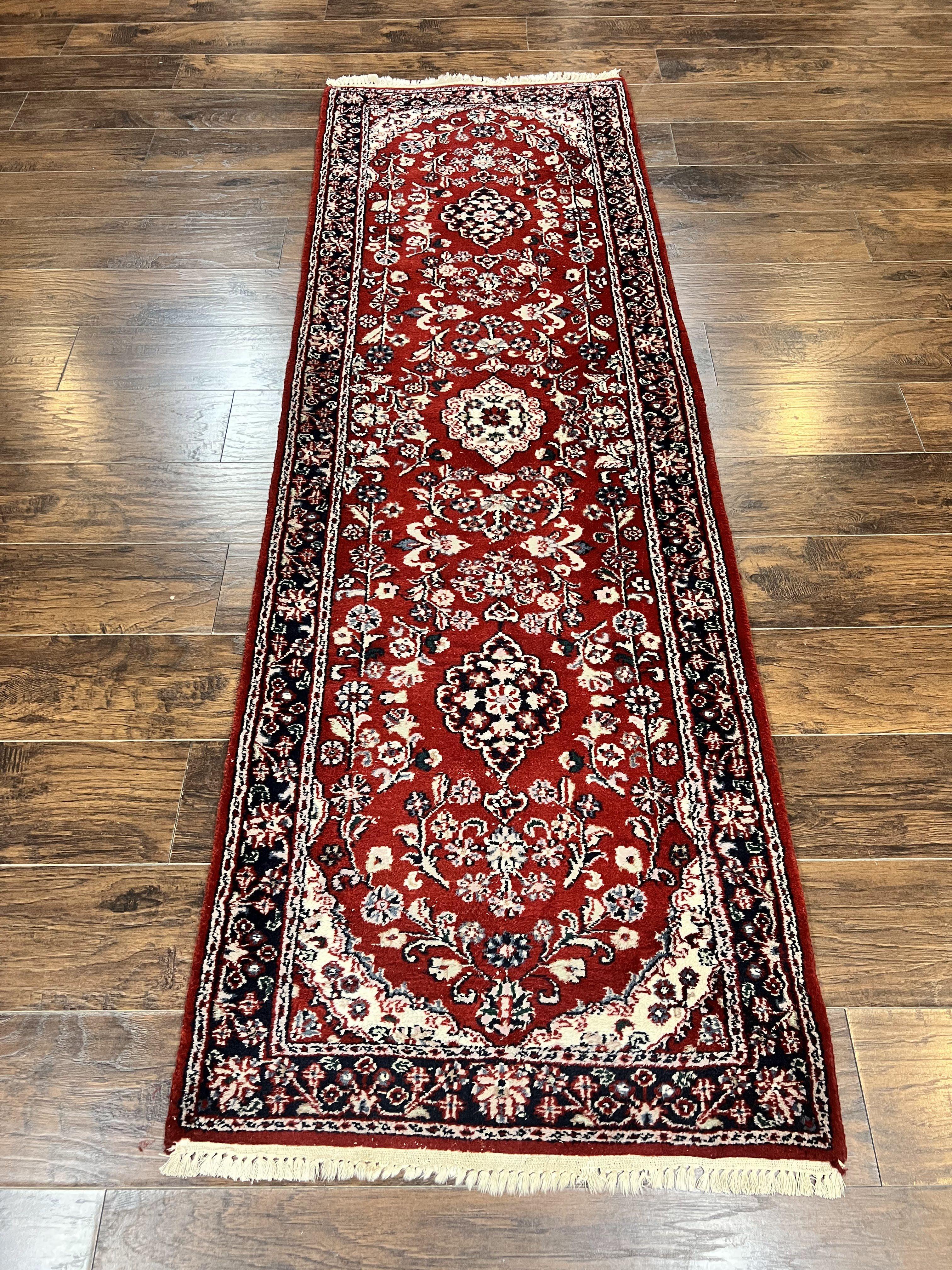 Indo Sarouk Runner Rug 3x8, Wool Hand Knotted Vintage Carpet, Red & Navy Blue Oriental Persian Runner 3 x 8, Floral Hallway Rug - Jewel Rugs