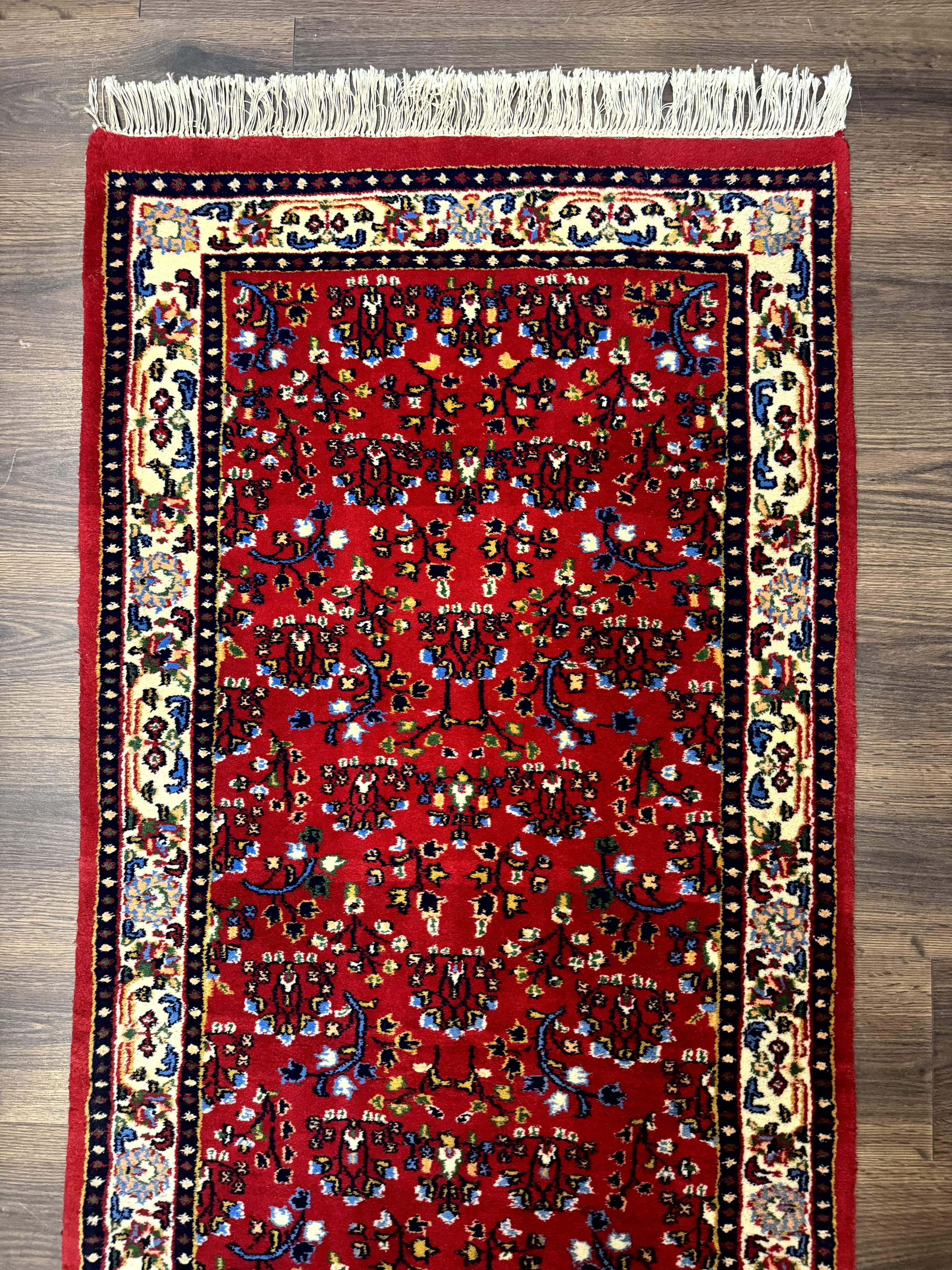 Indo Persian Sarouk Runner Rug 3 x 12, Red and Cream, Allover Pattern, 12ft Runner, Hand Knotted - Jewel Rugs