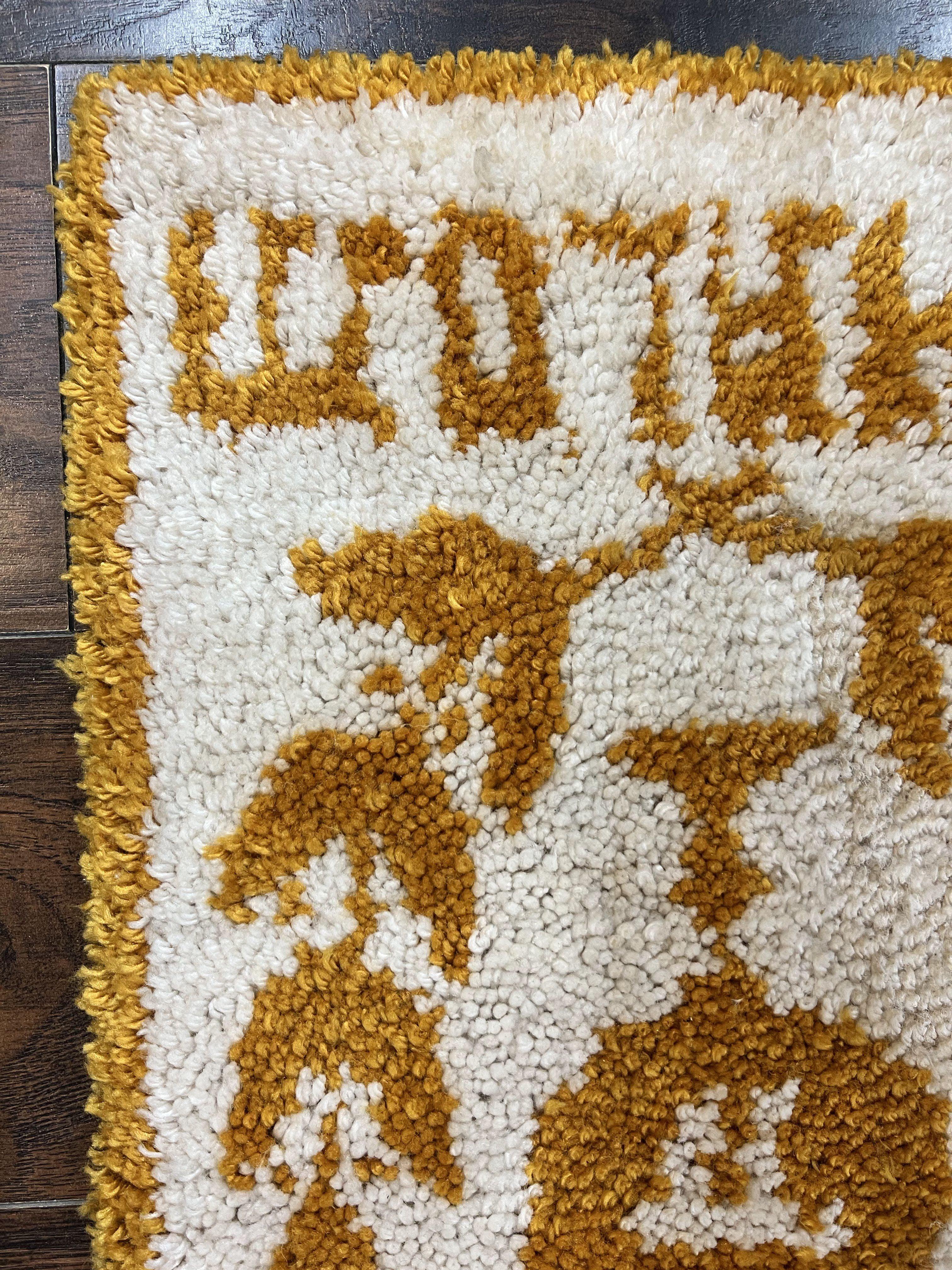 Unique Judaica Wall Hanging Rug 1.5 x 4, Shalom Menorah Jewish Star Kiddush Cup Chai Wall Hanging, Vintage, Wool, Ivory and Orange - Jewel Rugs