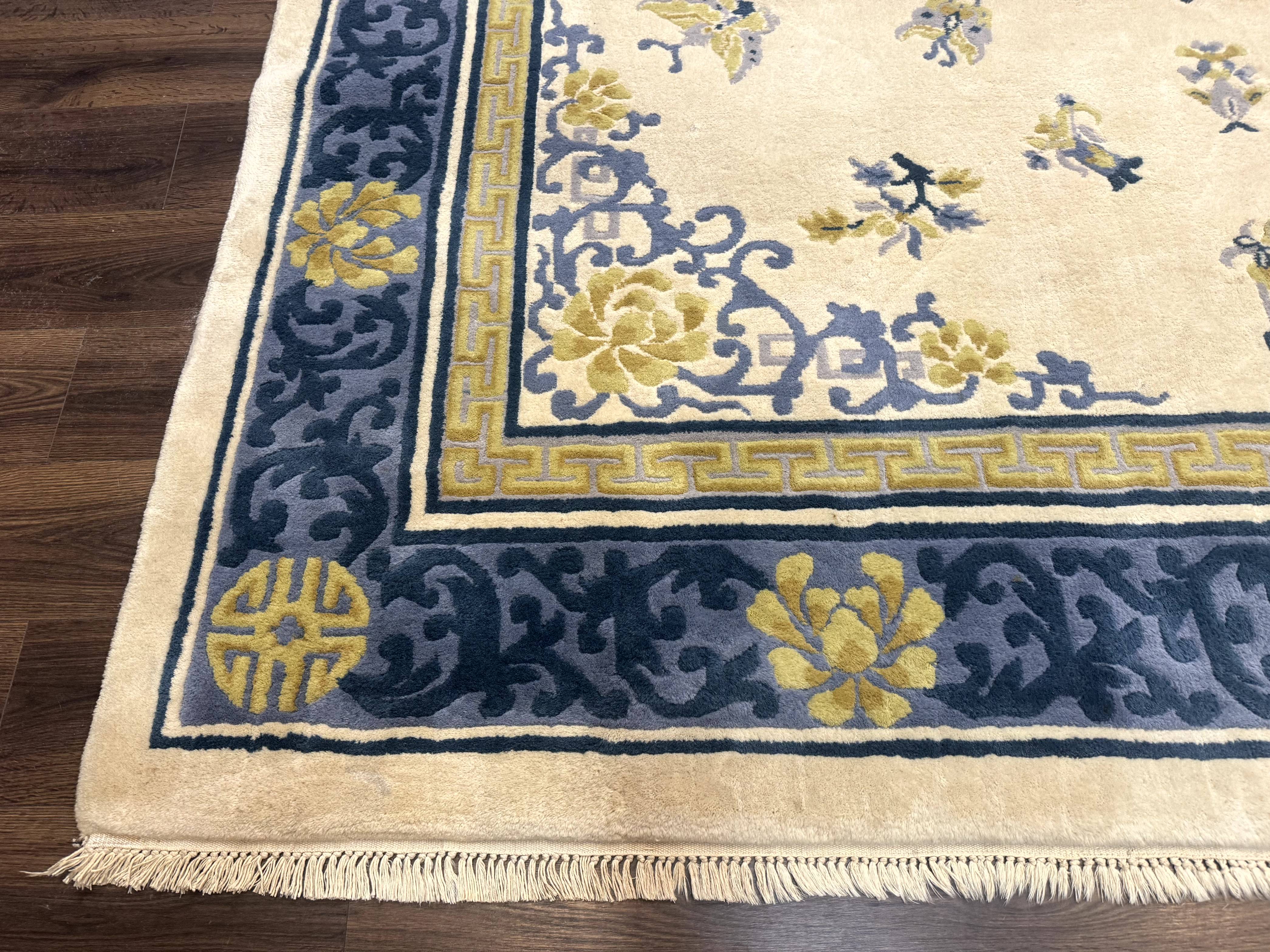 Indo Chinese Wool Rug 9x12 Beige Blue Butterflies Flowers - Jewel Rugs