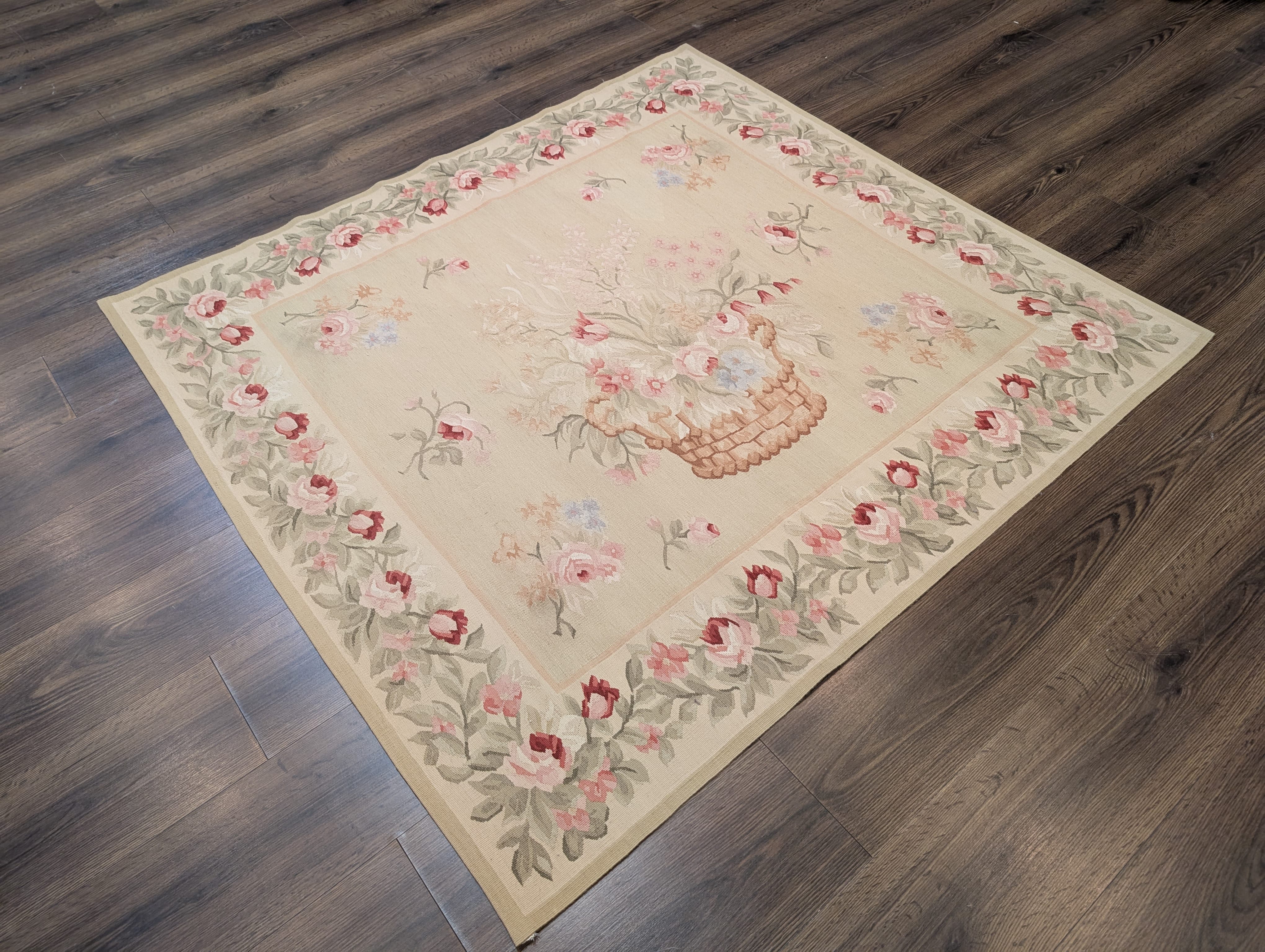 Square Aubusson Rug 4.8 x 5, French Vintage Floral European Wool Carpet - Jewel Rugs