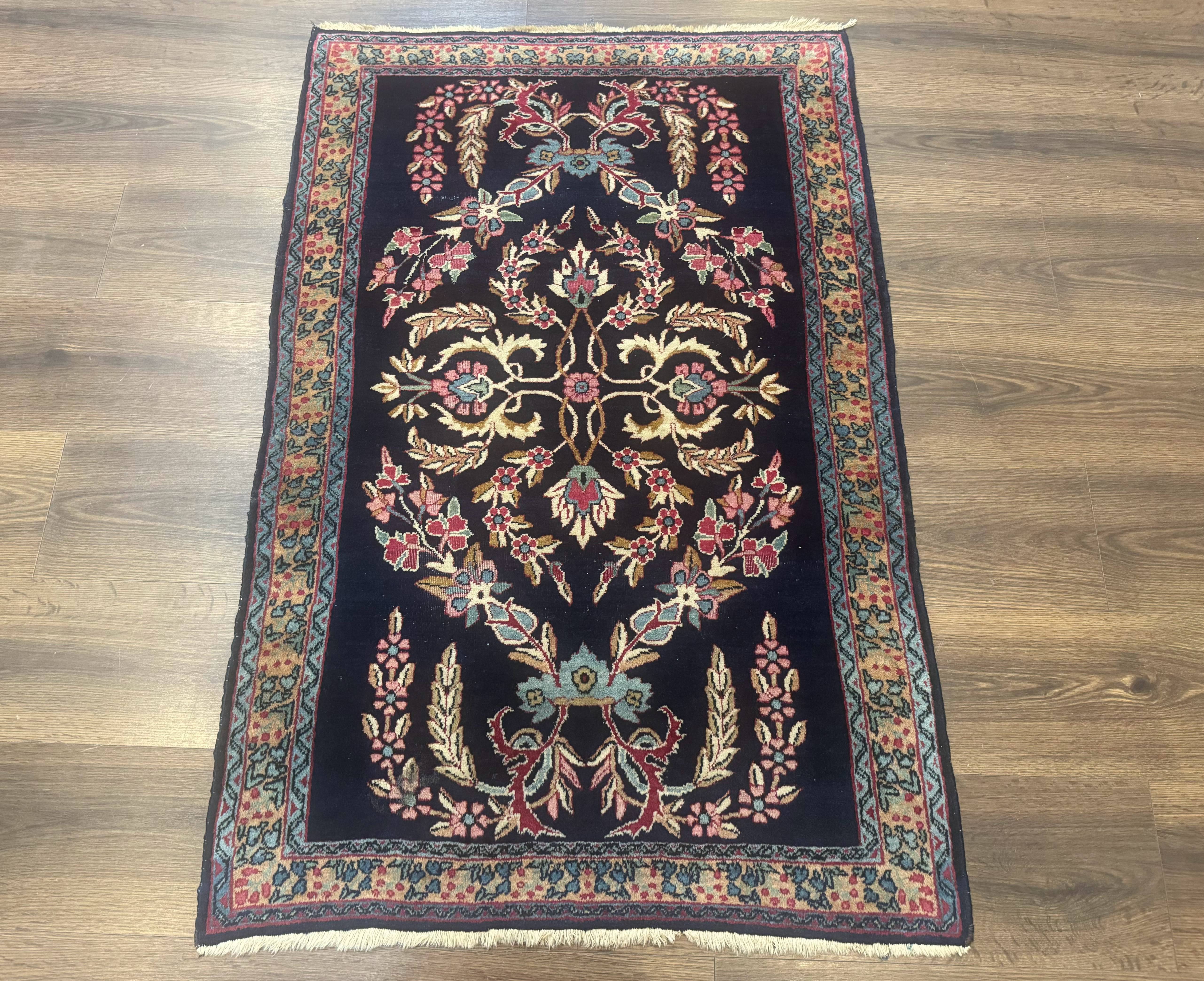 Antique Persian Kerman Rug 2.8 x 4, Navy Blue, Floral - Jewel Rugs