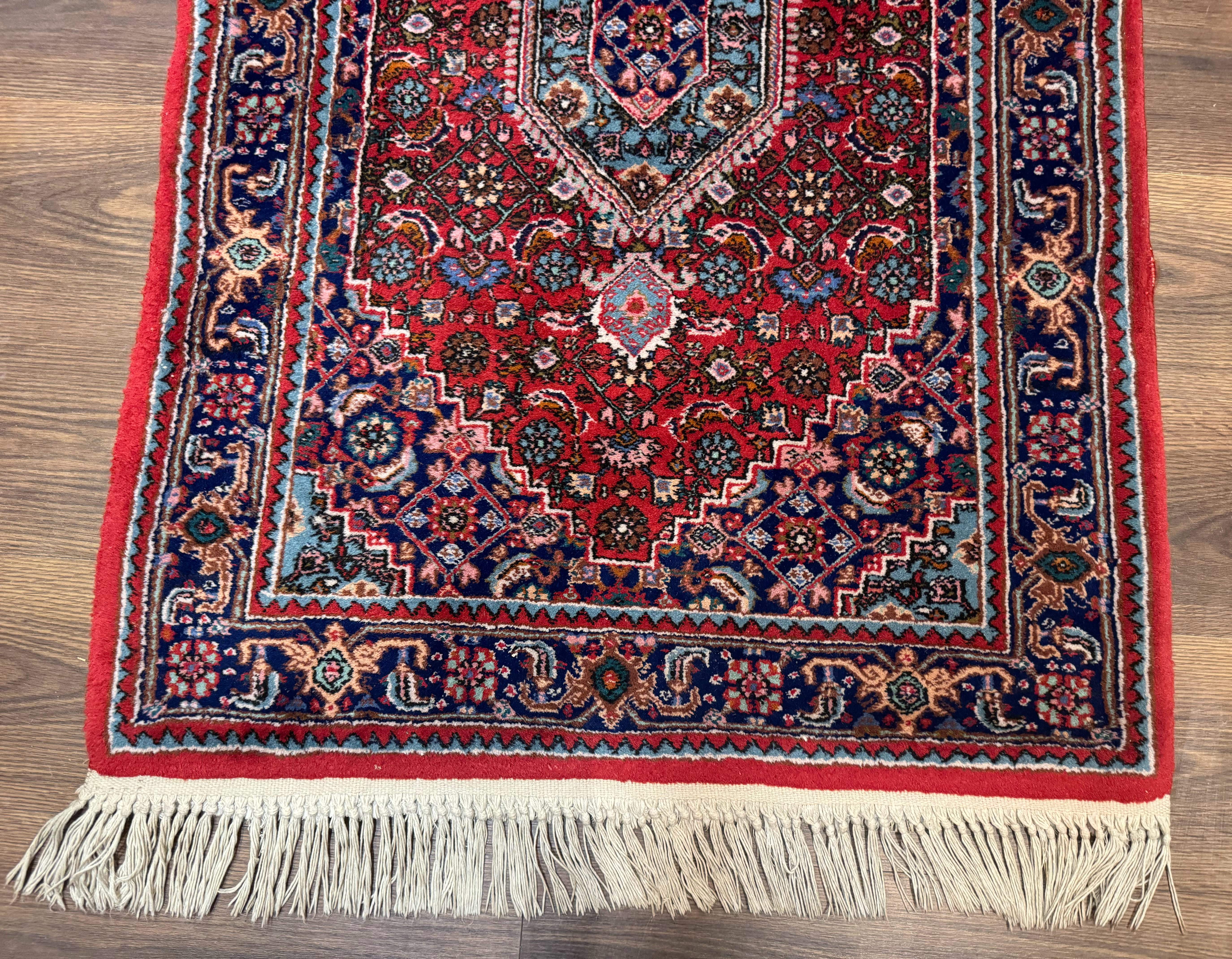 Indo Persian Bidjar Runner Rug 3 x 18.6, Red Navy Blue, Long Runner, Wool Oriental Carpet - Jewel Rugs