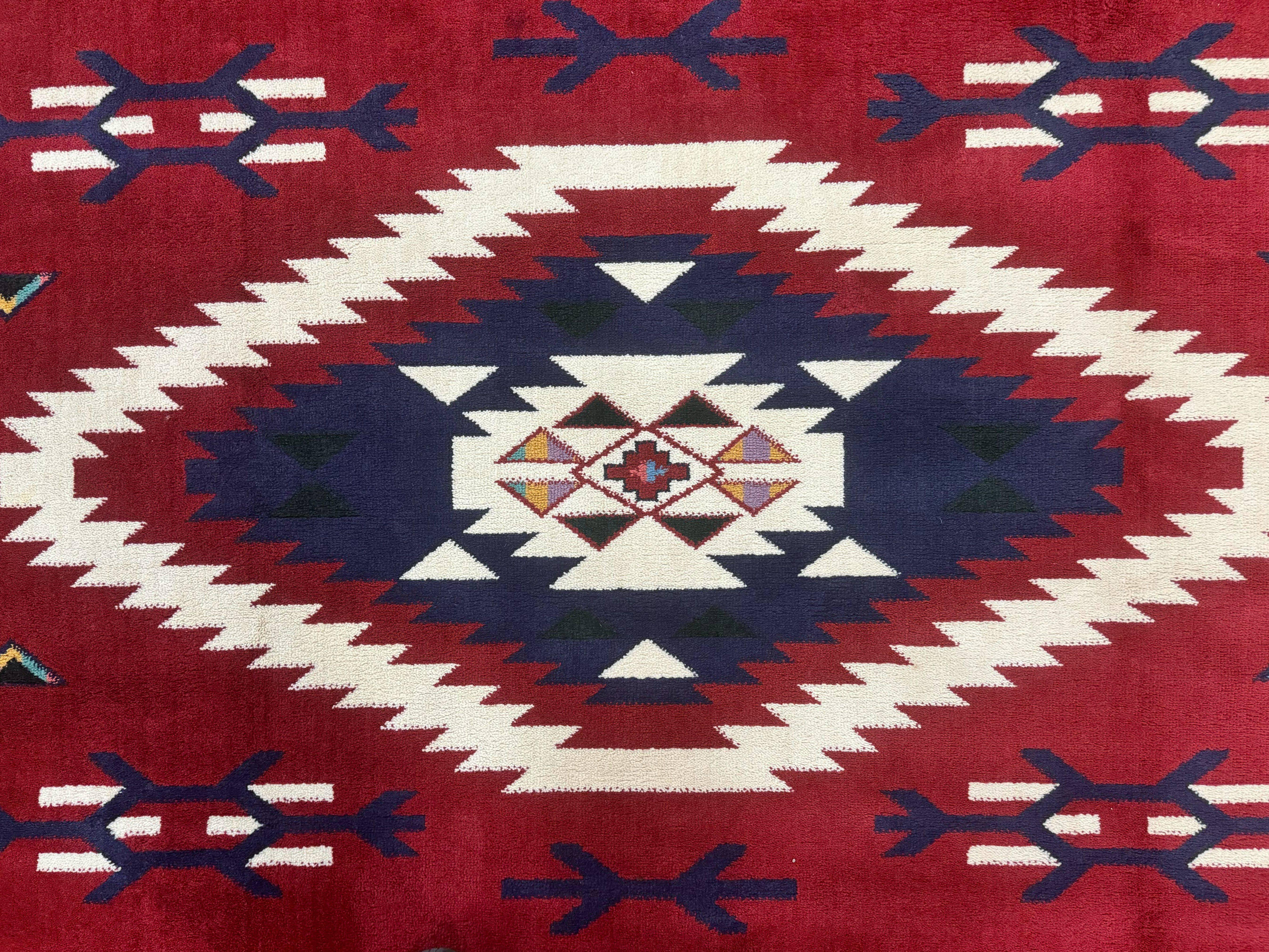 Belgium Power Loomed Rug 8x11, Navajo Native American Design, Dark Red and Ivory, Tribal Rug, Bohemian Carpet - Jewel Rugs