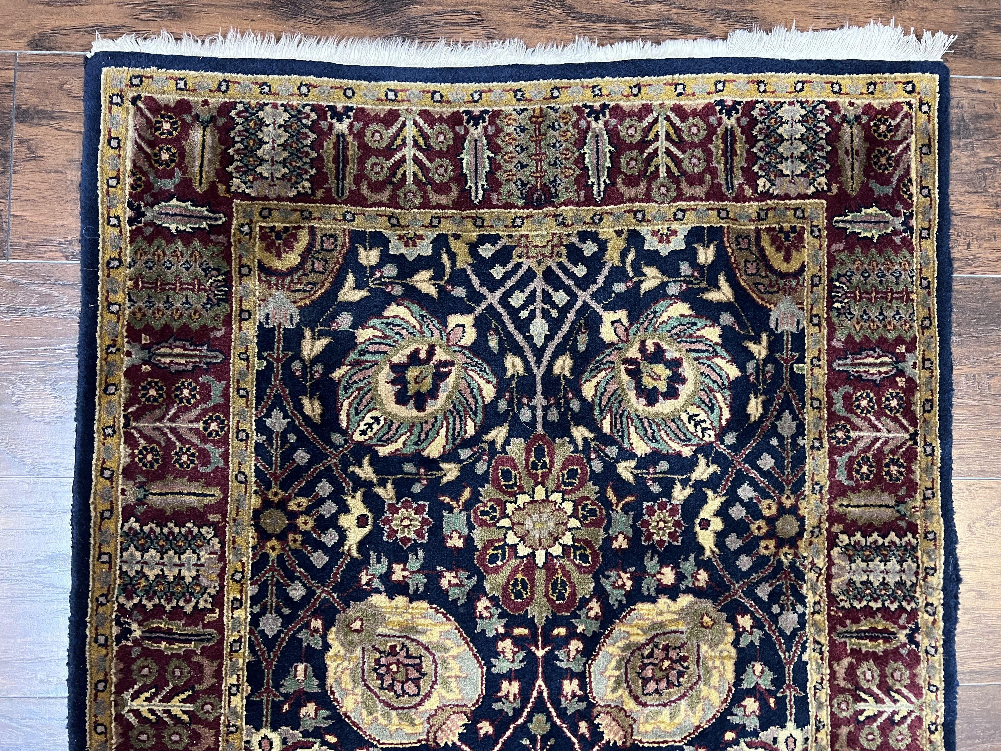 Indo Persian Runner 2.8 x 18, Long Skinny Hallway Wool Runner Rug, Hand Knotted Vintage Floral Allover Traditional Runner Dark Blue Burgundy - Jewel Rugs