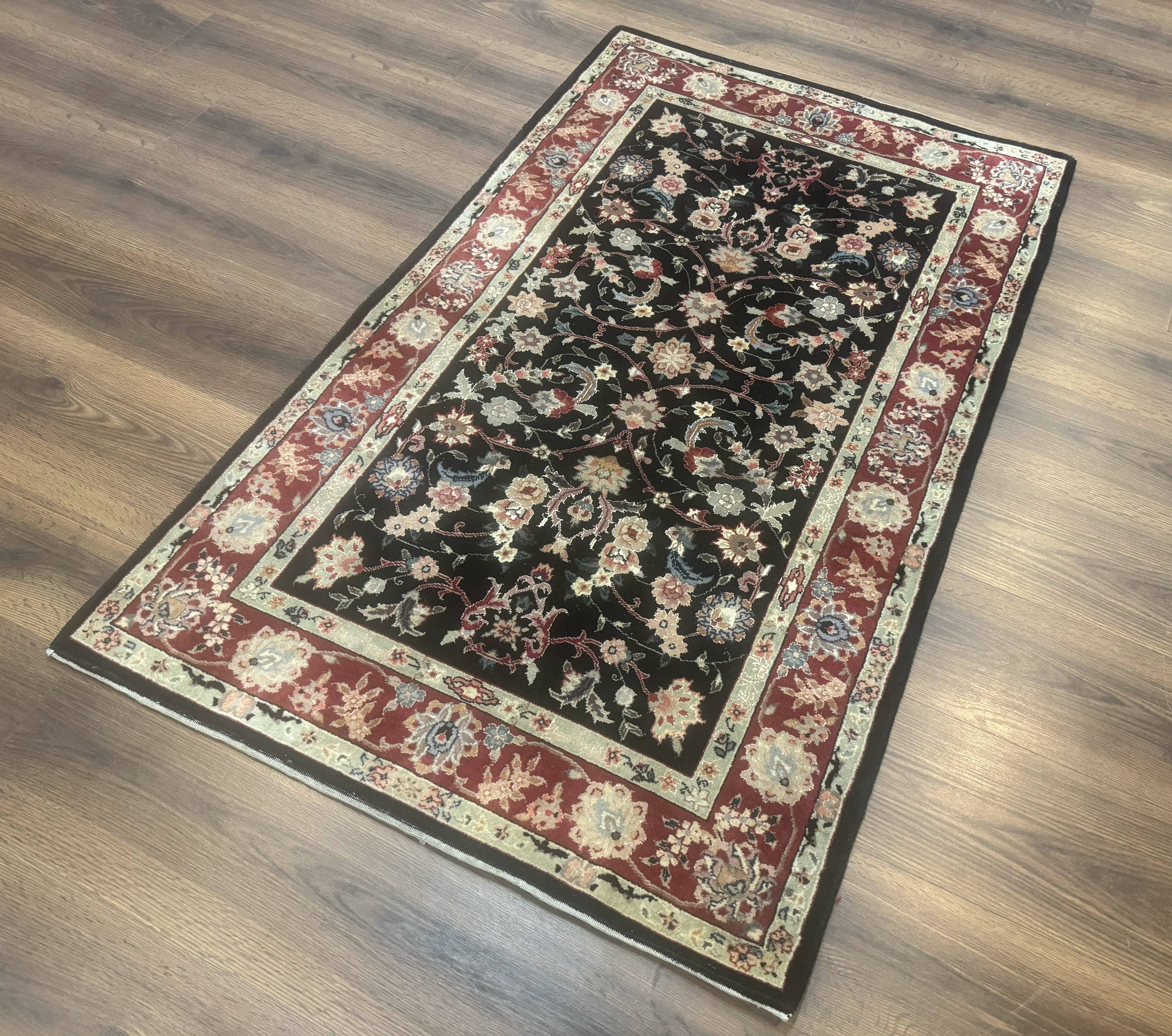 Black Sino Persian Rug 3x5, Wool with Silk Highlights, Floral, Fine 170 KPSI - Jewel Rugs