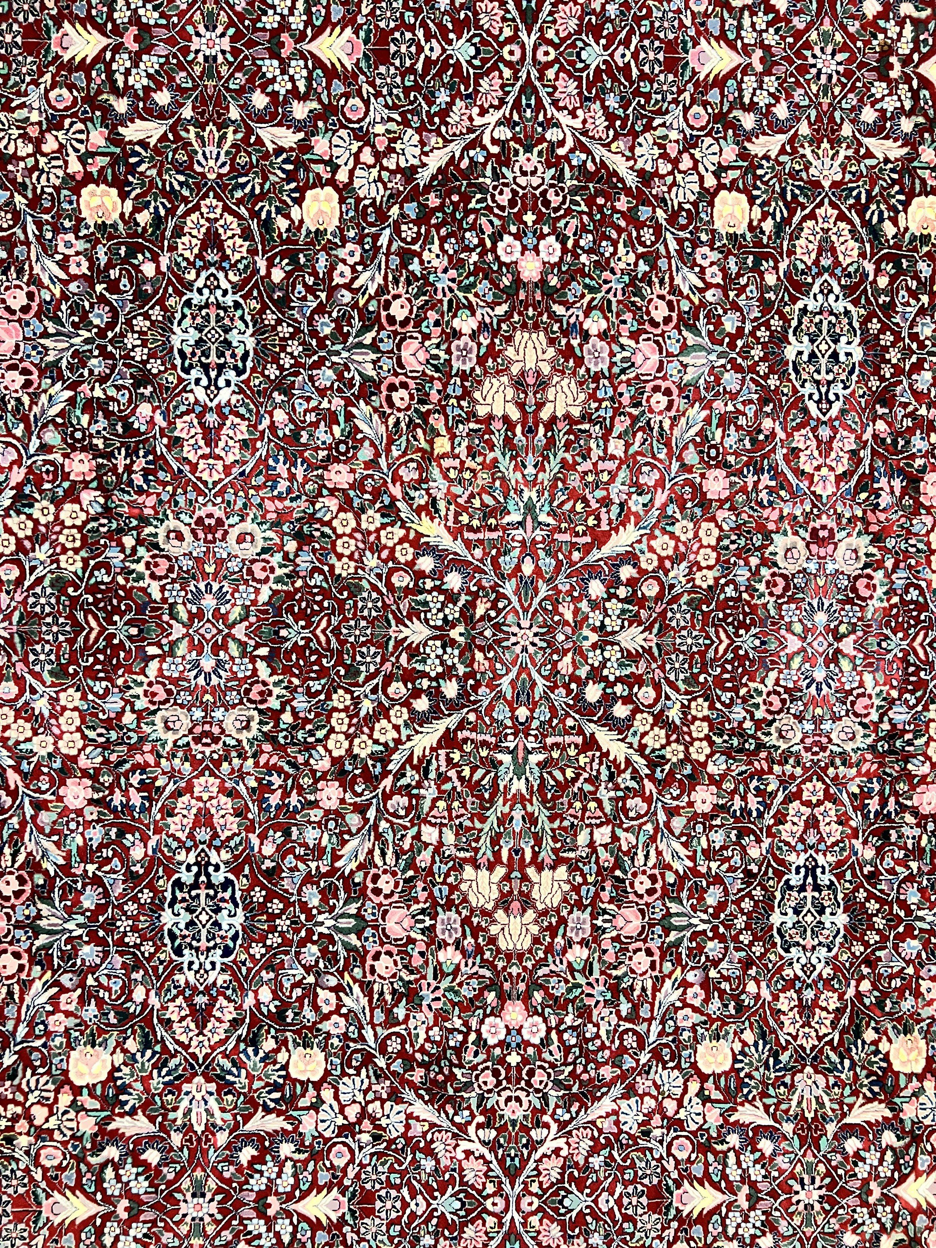 Pak Persian Rug 11x15, Wool & Silk Highlights Hand Knotted Vintage Carpet, Red Cream, Floral Allover, Oversized Kirman Rug - Jewel Rugs