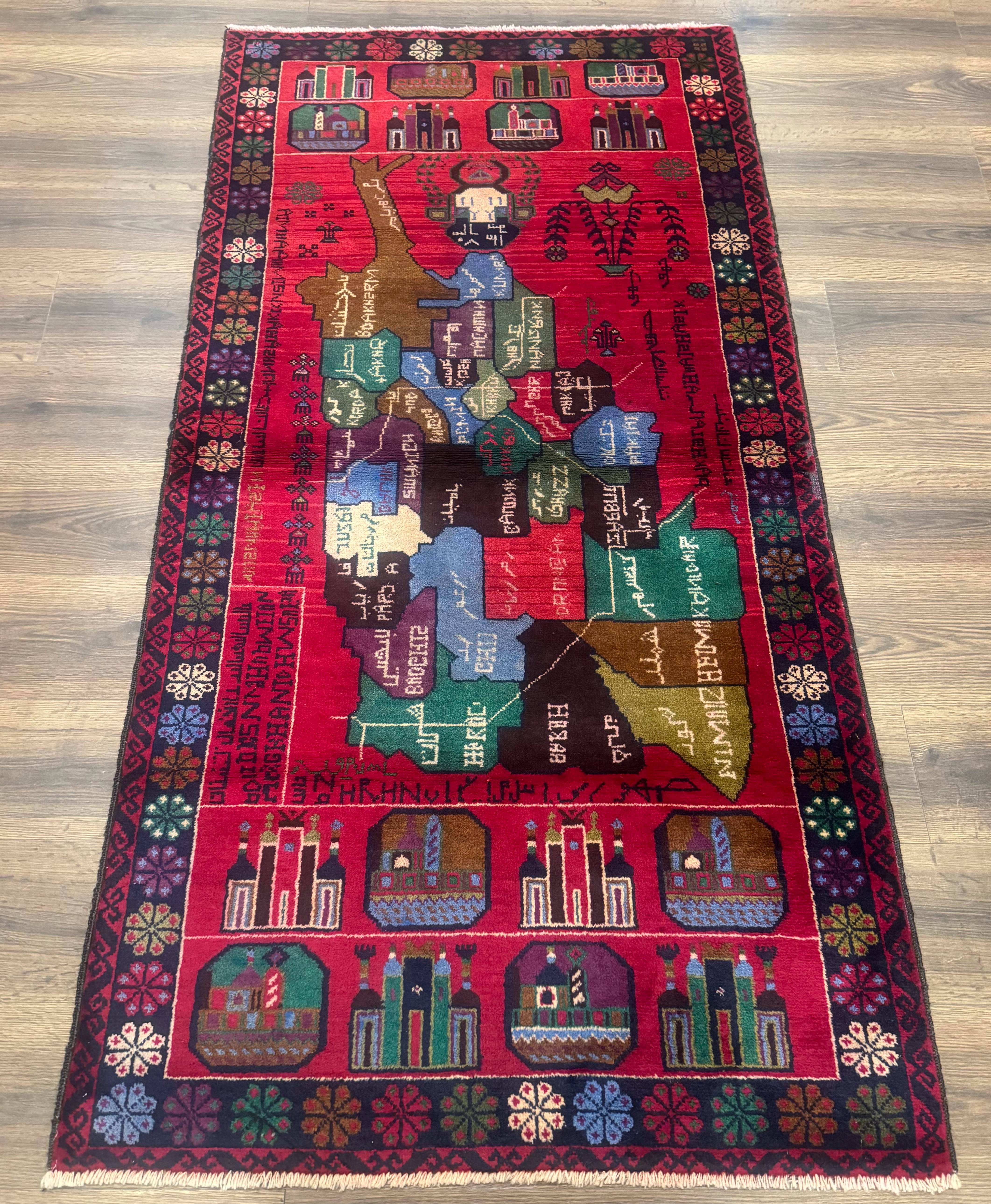 Afghan Rug 3x7, Map of Afghanistan, War Rug, Tribal Rug, Balouch Rug, New, Red - Jewel Rugs