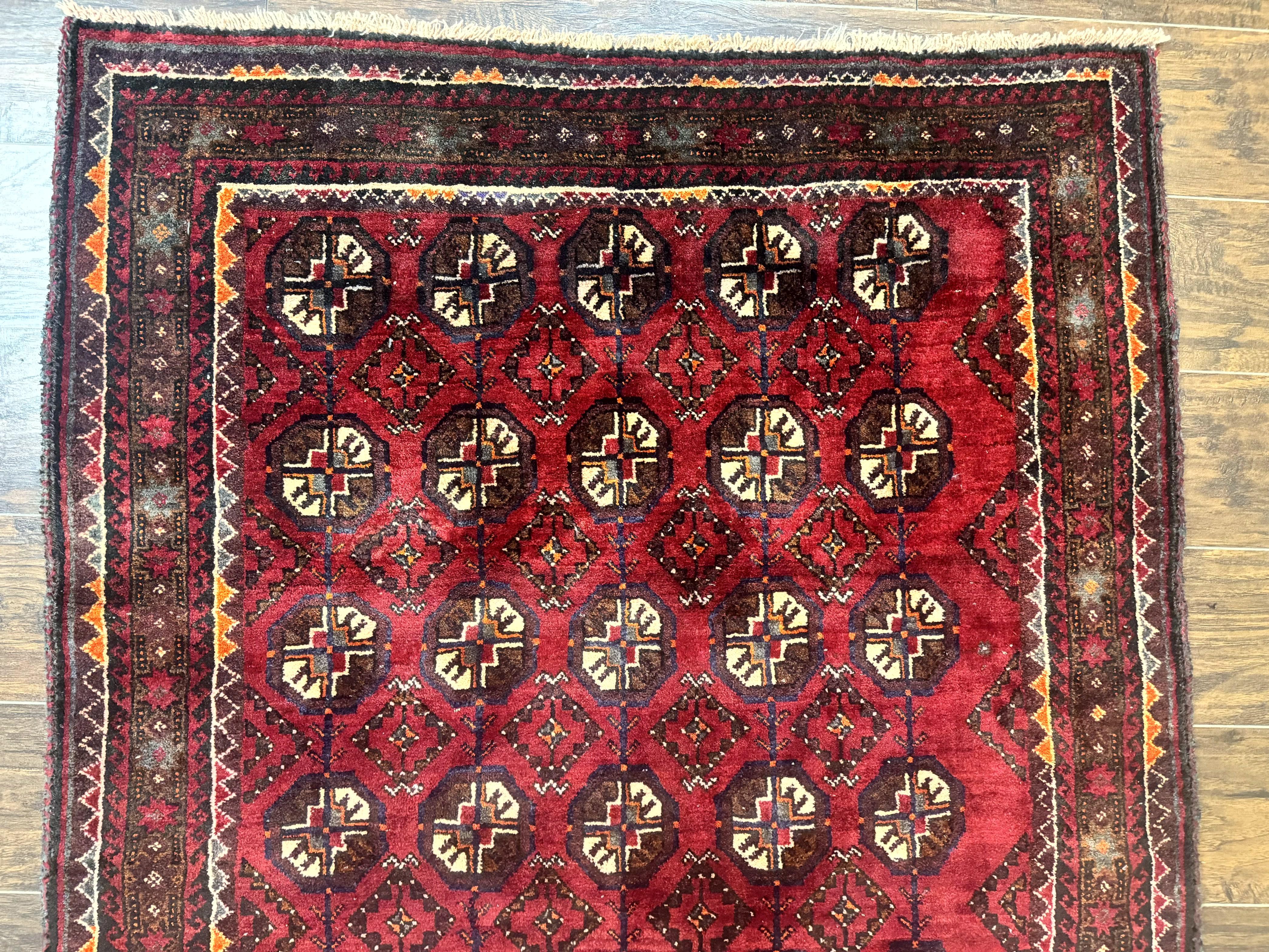 Persian Turkoman Tribal Rug 4x8, Handmade Vintage Wool Carpet, Red, Bohemian Rug - Jewel Rugs