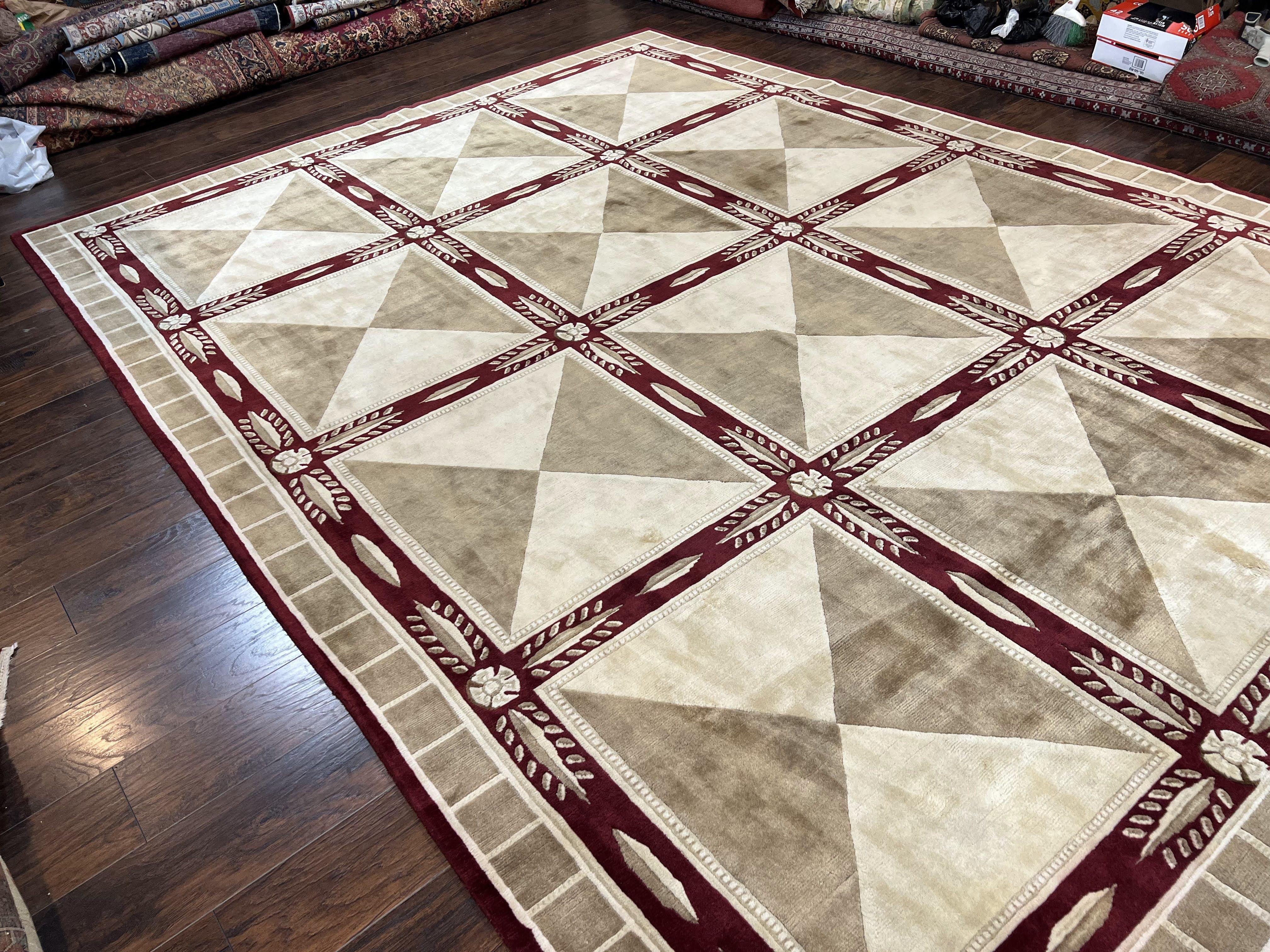 Indo Tibetan Rug 10x14, Nepali Carpet, Large Soft Wool Area Rug, Olive Tan Maroon, Contemporary Rug 10 x 14 ft Living Room Rug, Handmade Rug - Jewel Rugs