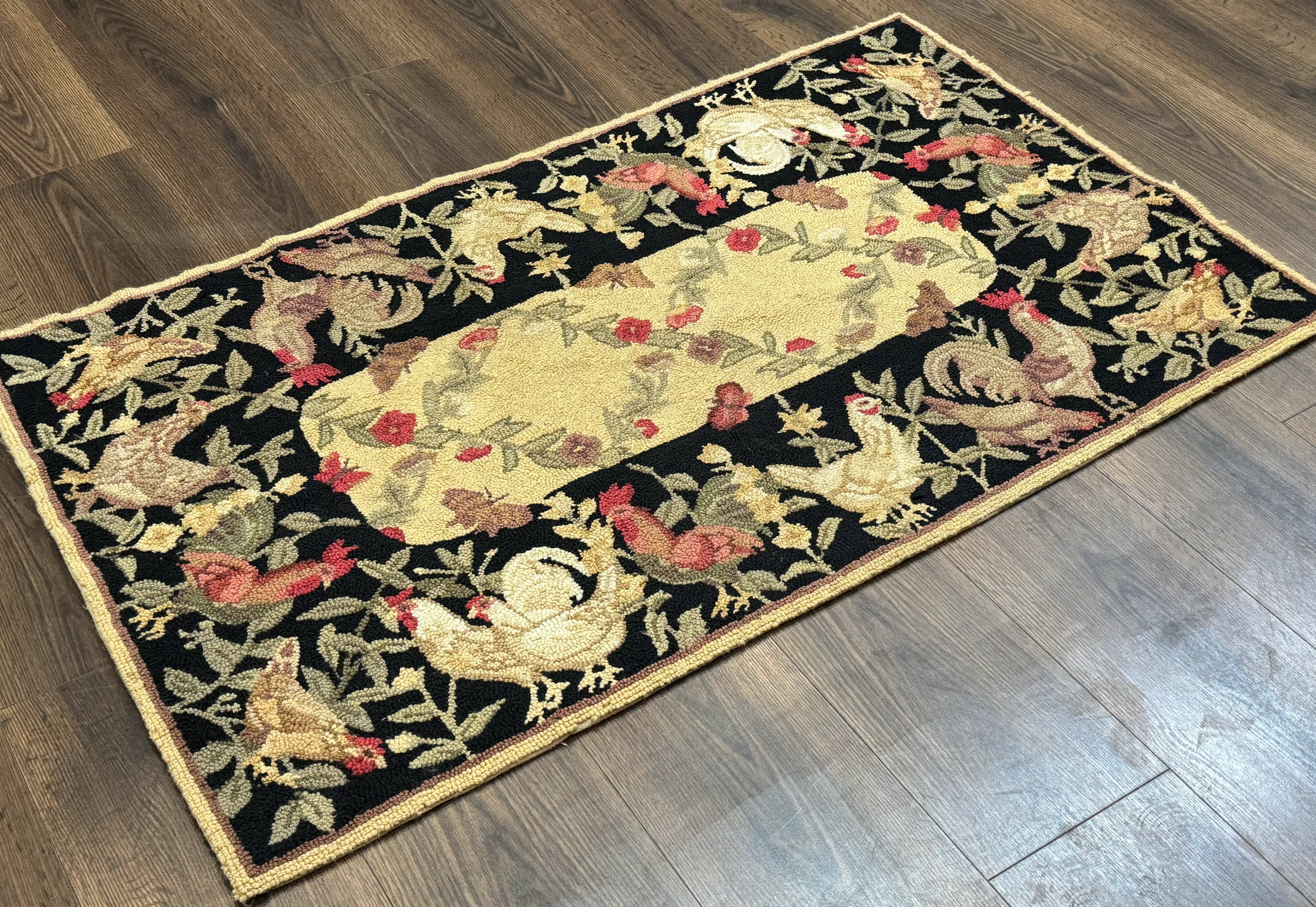 Small Vintage Hooked Rug, Roosters, Handmade, Wool - Jewel Rugs