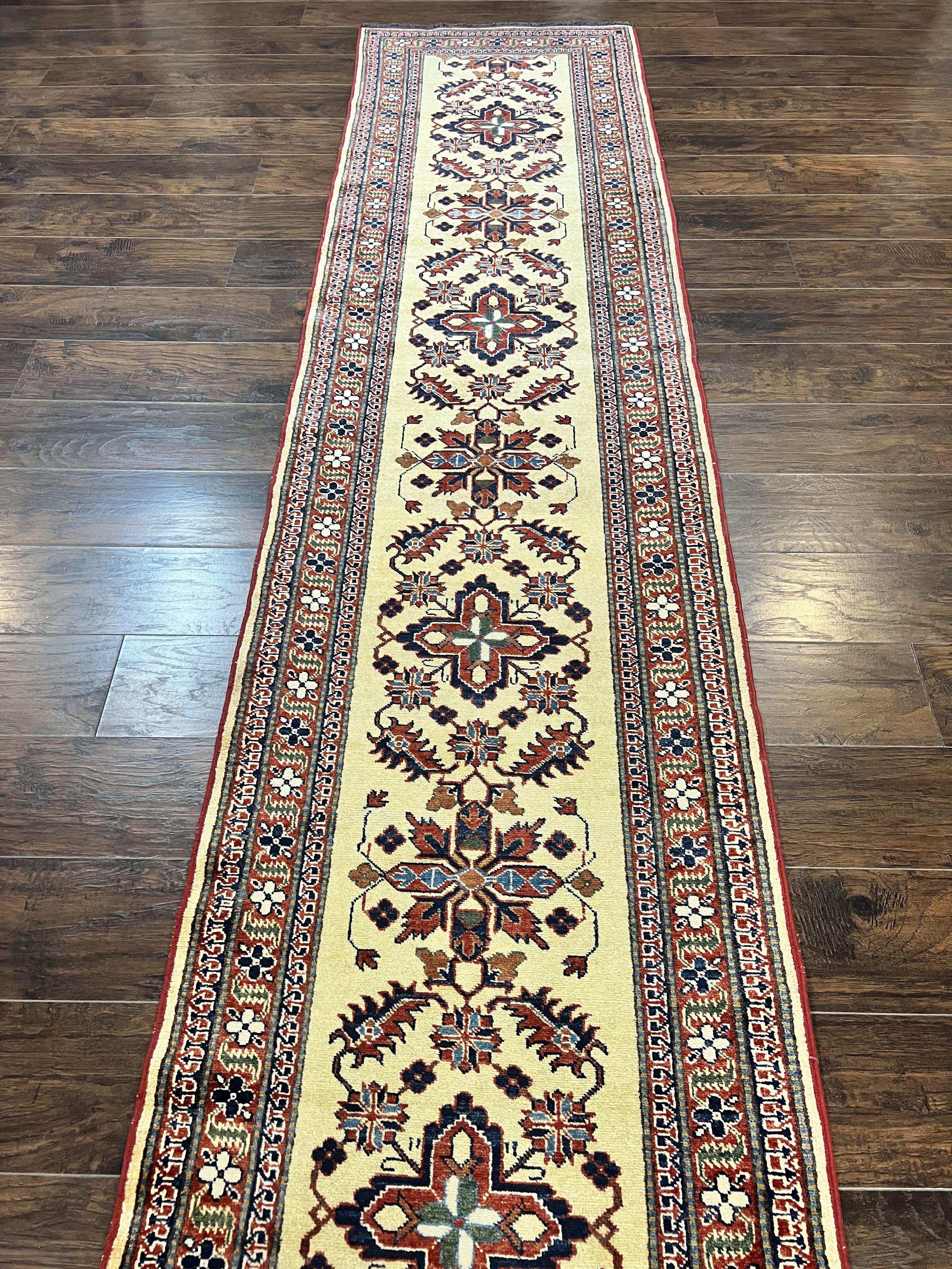 Afghan Heriz Runner Rug 2.9 x 12, Vintage Hand Knotted Persian Carpet for Hallway, 12ft Runner, Wool, Cream - Jewel Rugs