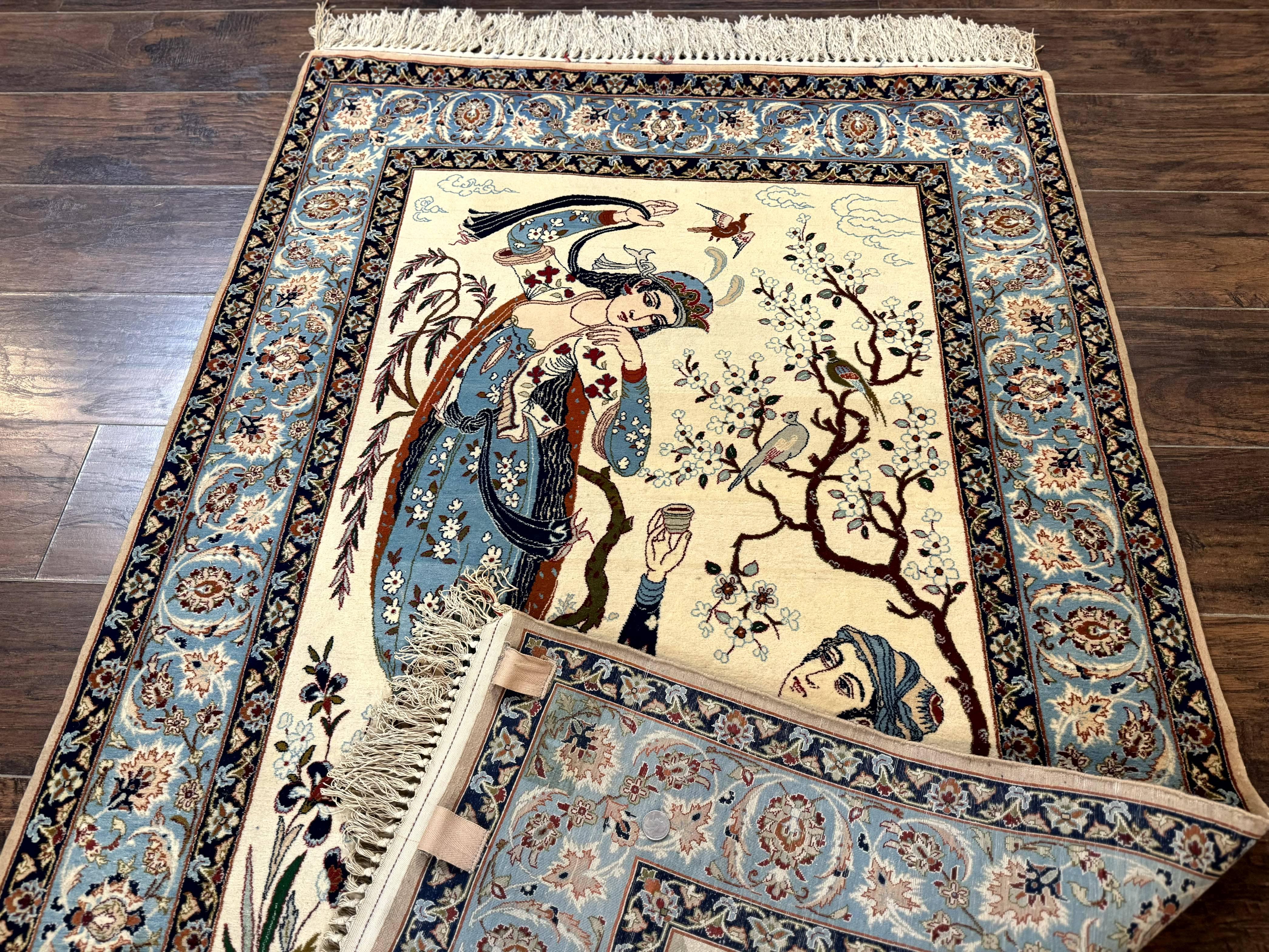 Persian Isfahan Pictorial Rug, Two Lovers, Kork Wool on Silk Foundation, Ivory and Light Blue, 500 KPSI Super Fine - Jewel Rugs