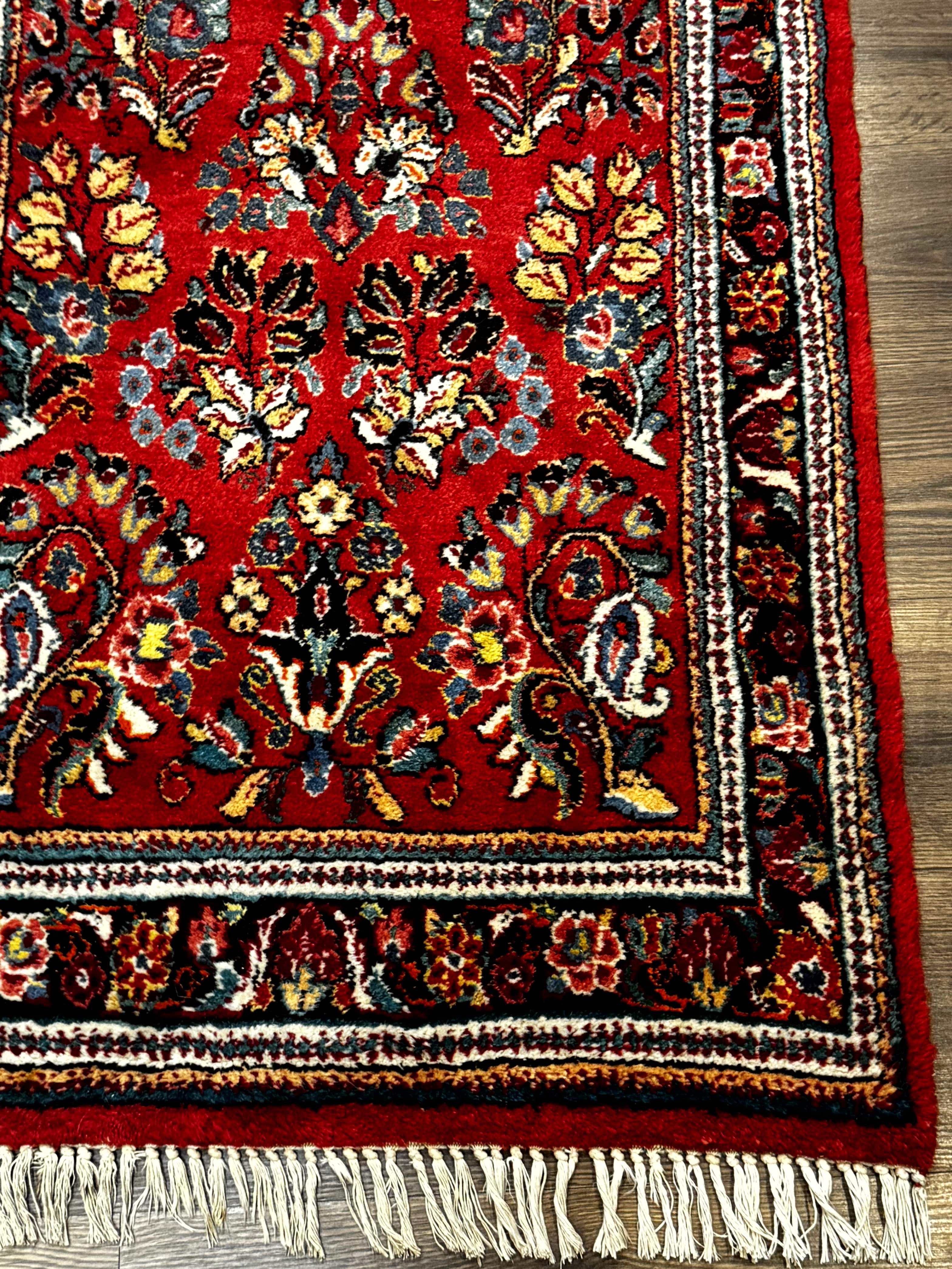 Persian Sarouk Runner Rug 3x12, Red Floral 3 x 12ft Runner, Vintage, Wool - Jewel Rugs