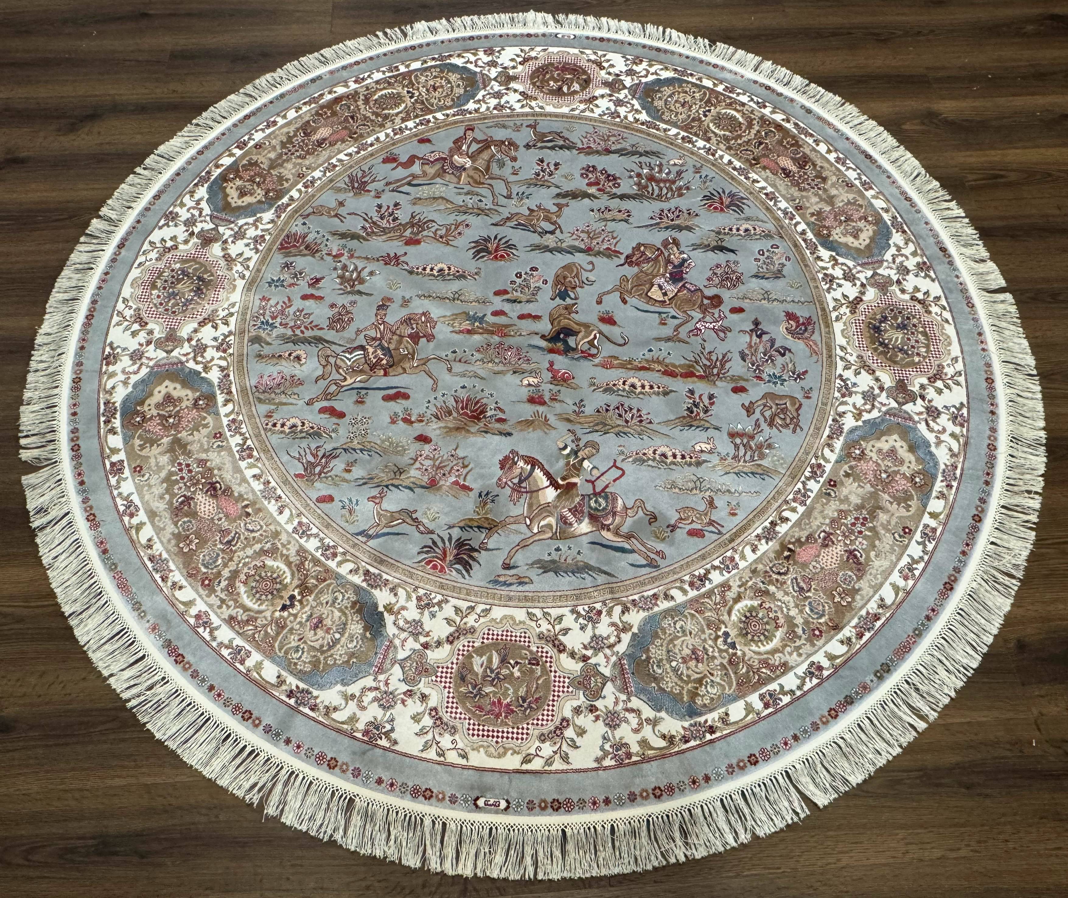 Round Silk Rug 6x6, Hunting Design, Bamboo Silk, Animal Pictorials - Jewel Rugs