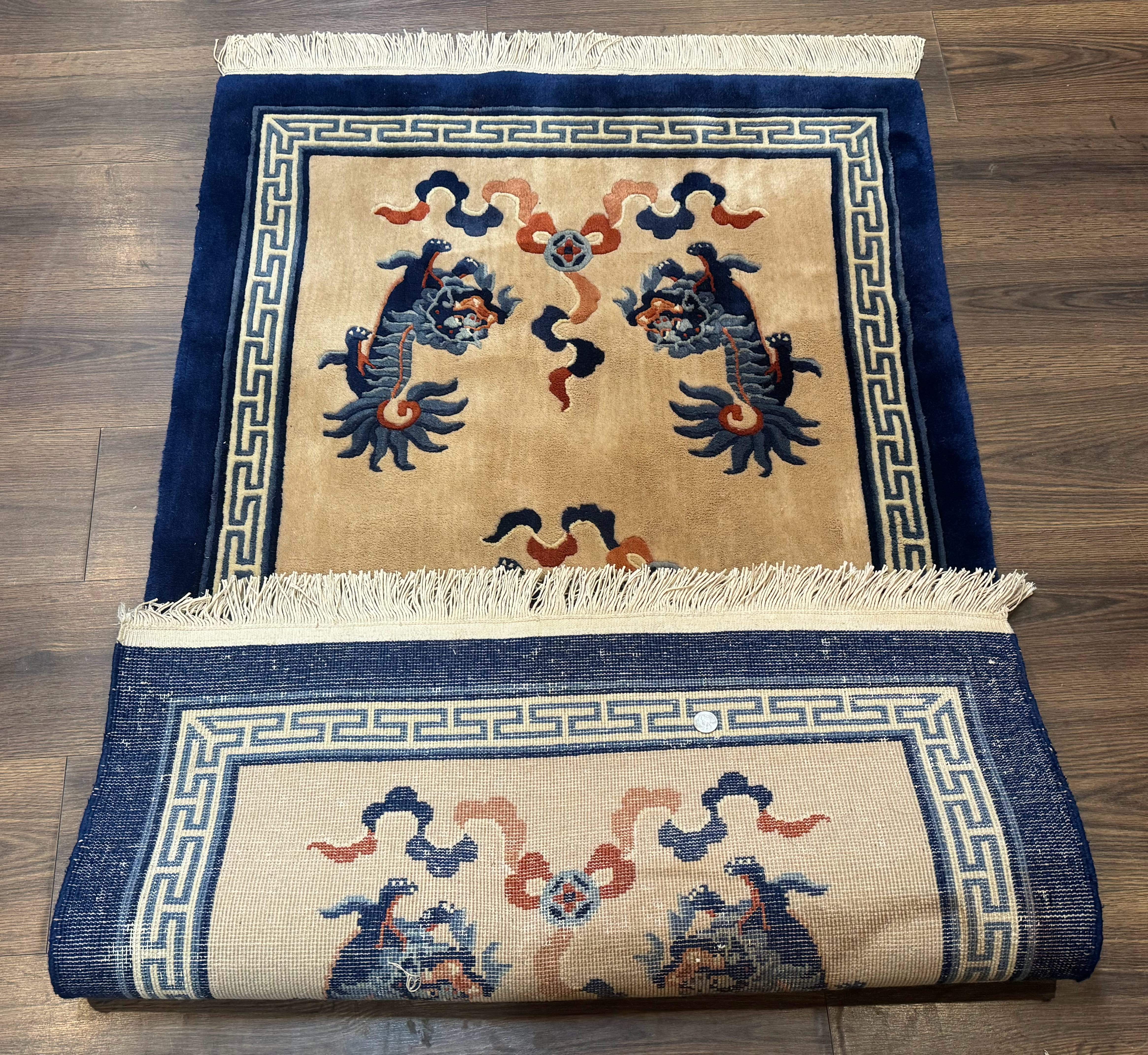 Chinese Peking Rug 3x5, Dragons, Beige and Blue, Wool Chinese Carpet - Jewel Rugs