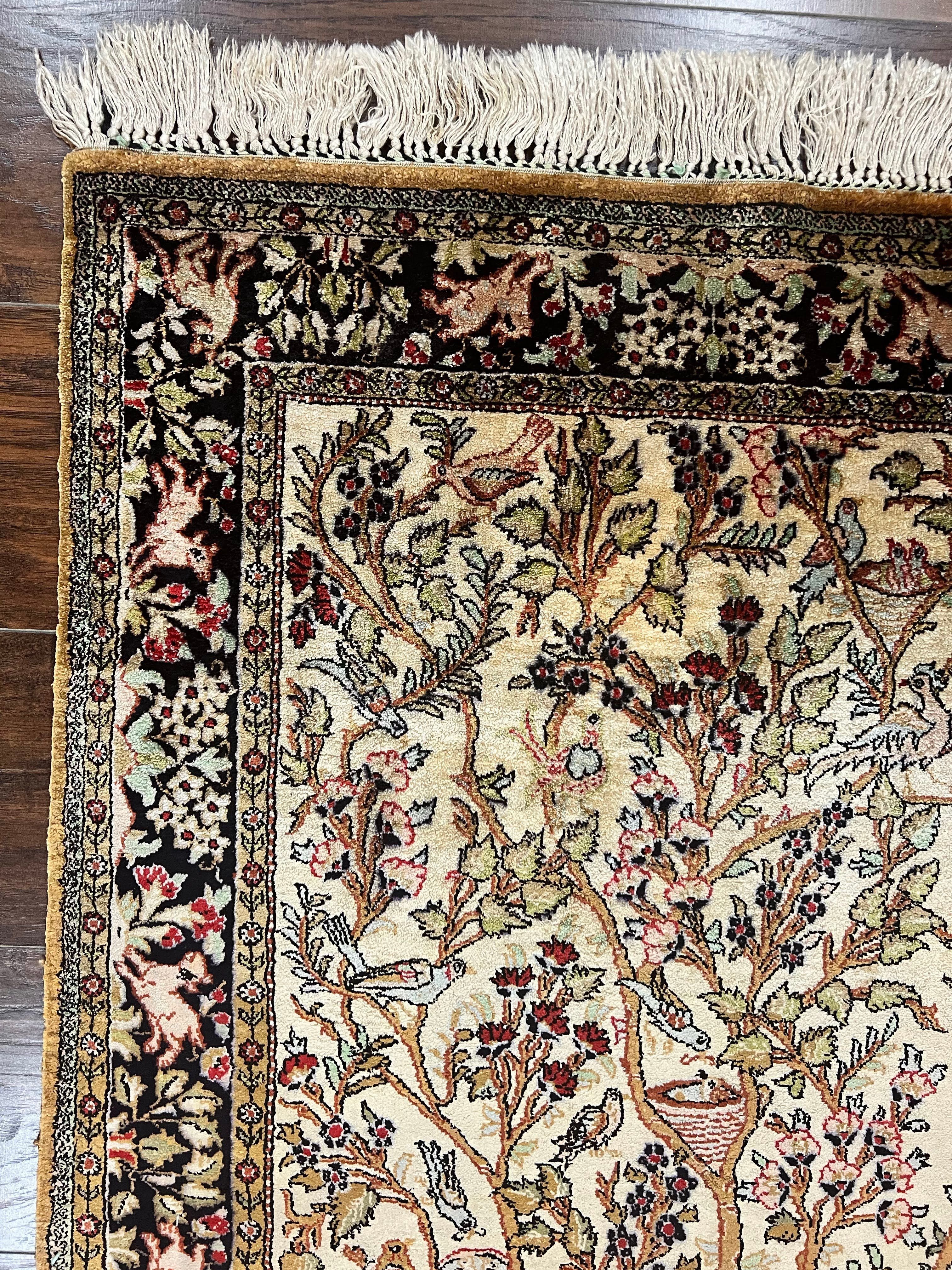 Silk Tree of Life Persian Qum Rug 3x4, Hand Knotted Vintage Carpet, Cream & Black, Very Fine Oriental Rug, Animal Pictorials, Birds - Jewel Rugs