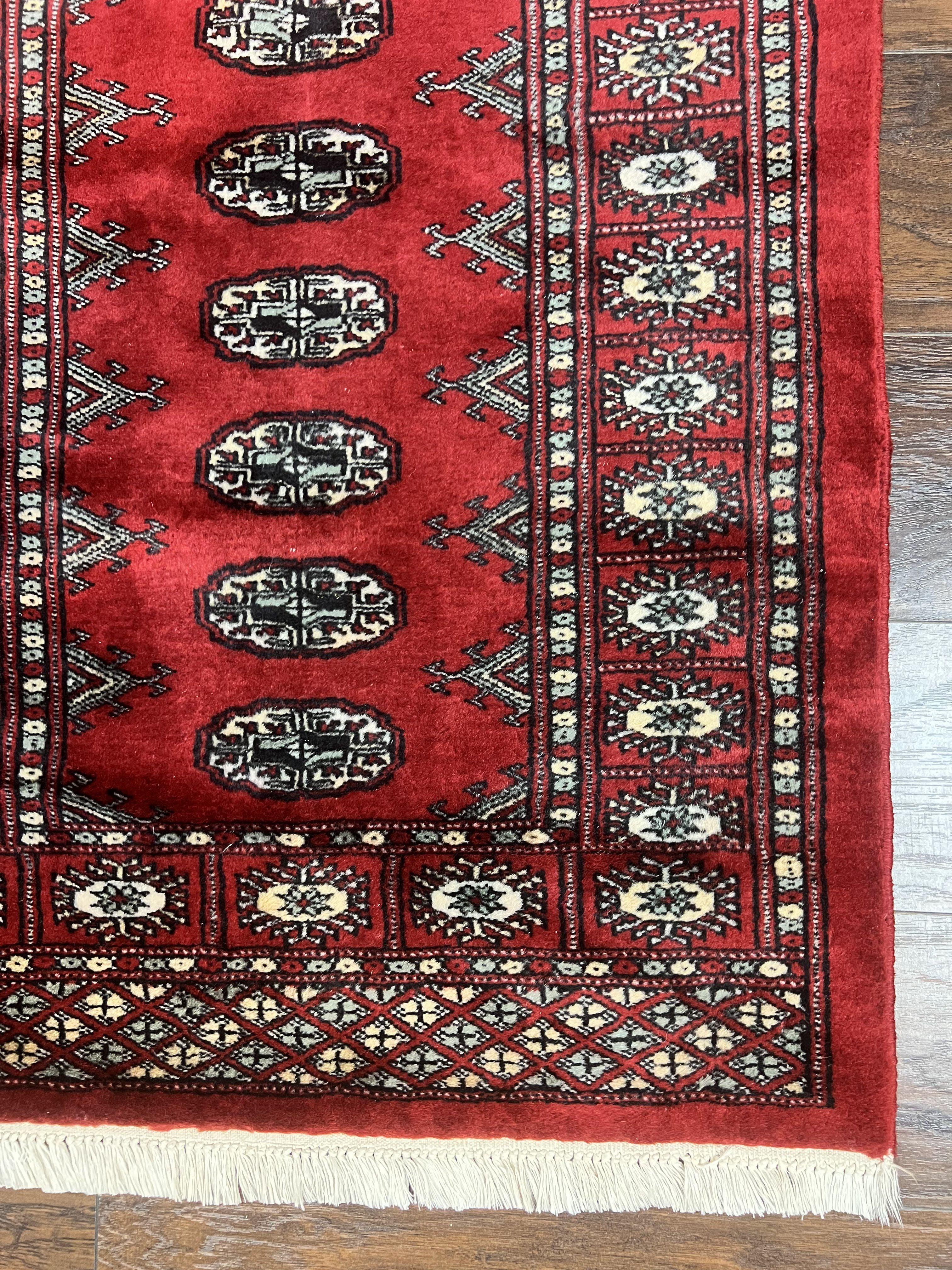 Pakistani Runner Rug 2.8 x 12, Bokhara Turkoman Runner, Wool Hand Knotted Vintage Hallway Rug, Red Ivory & Black - Jewel Rugs