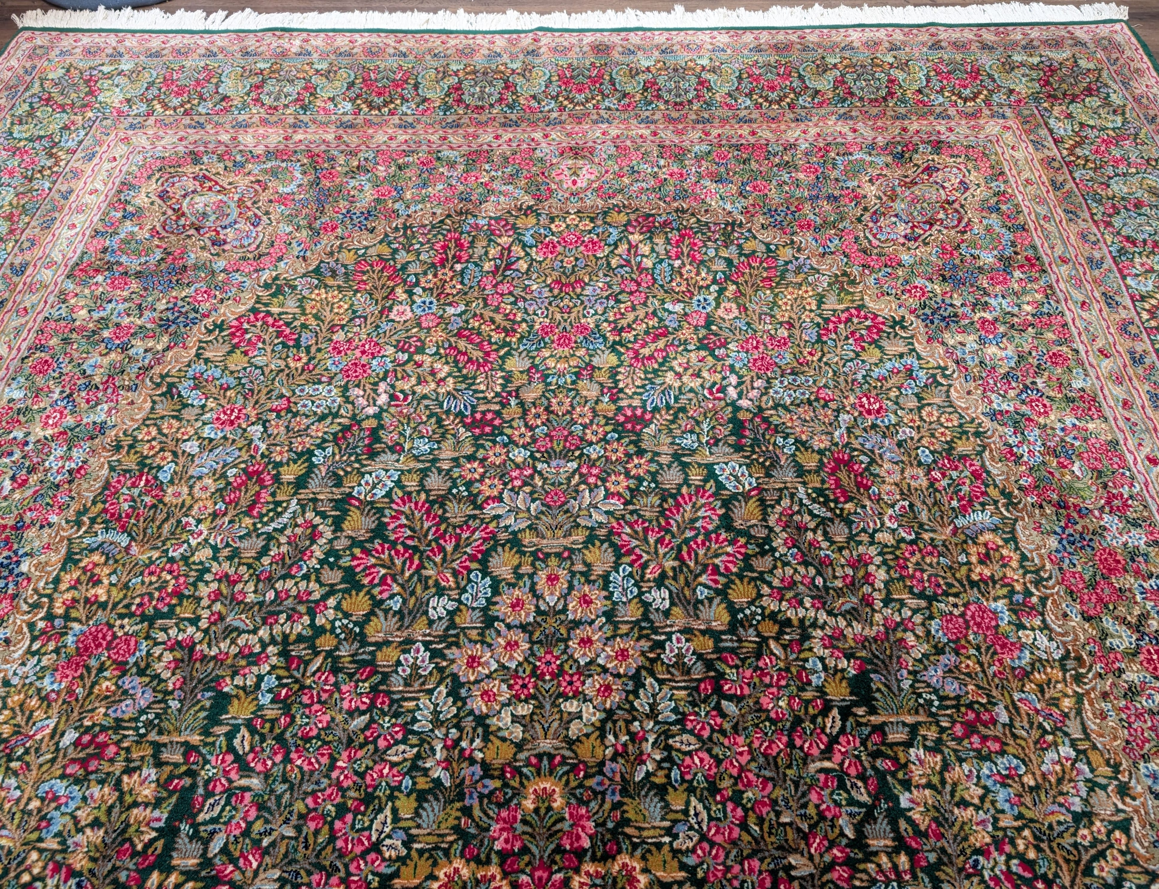 Persian Kerman Rug 10x13, Millefleur Floral Allover Pattern, Hand-Knotted Wool Carpet, Dark Green, Multicolor - Jewel Rugs