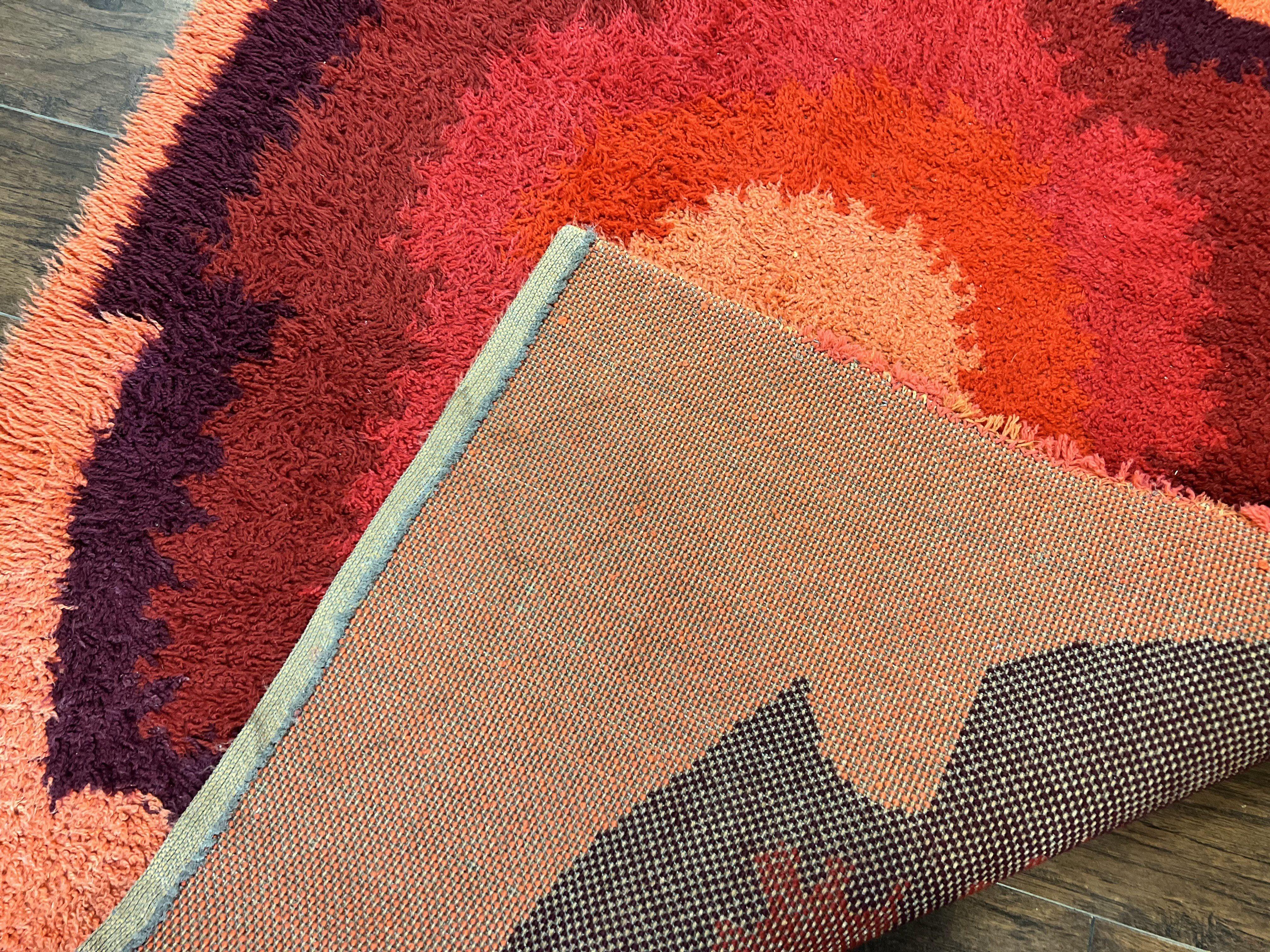 Danish Rya Shag Rug 4x6, Mid Century 1960s Retro Vintage Wool Rug, Shades of Red - Jewel Rugs