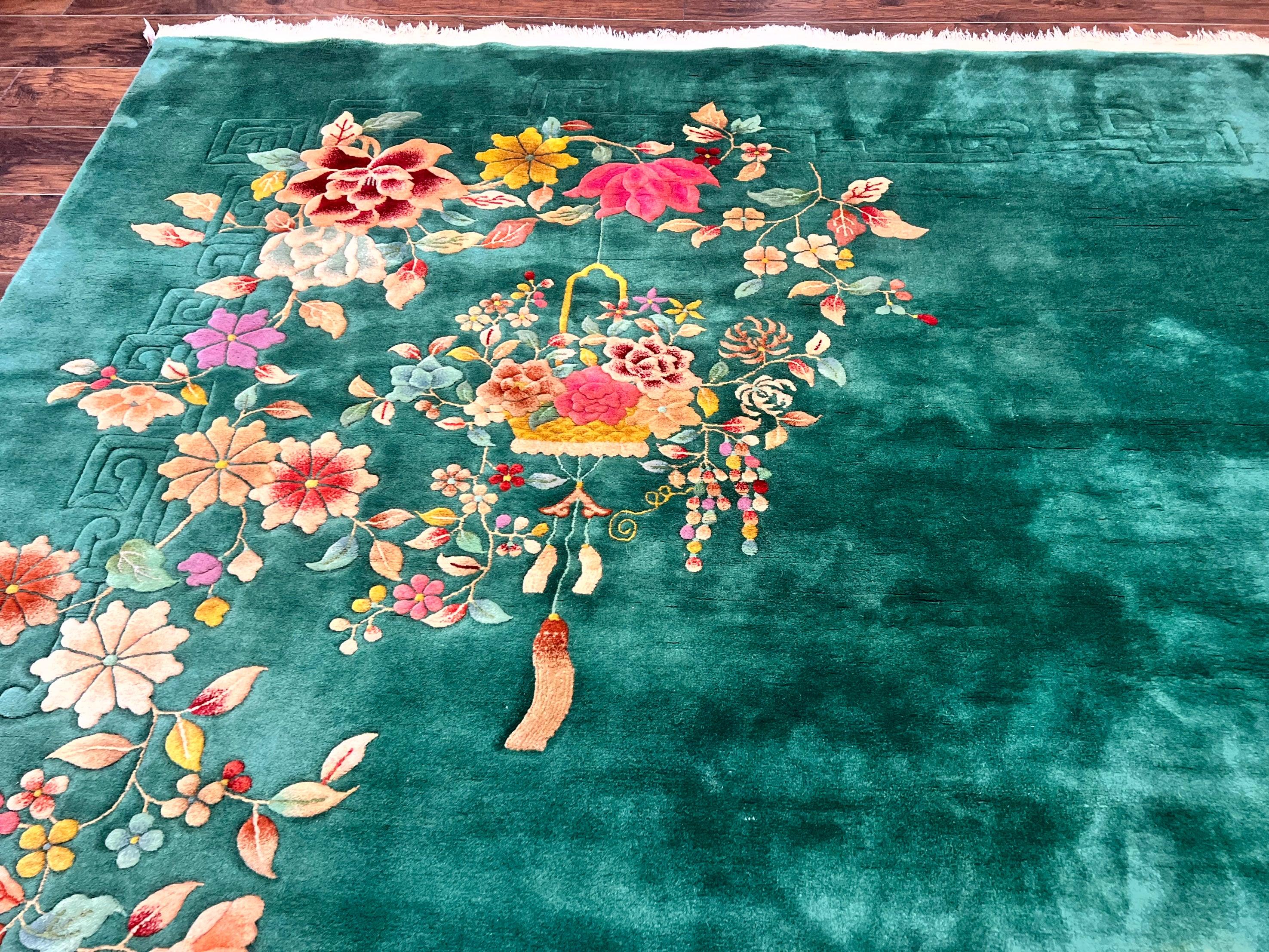 Green Chinese Art Deco Rug 9 x 11.6, Simple Design, Floral, Chinese Wool Carpet, Vintage Semi Antique, Nichols Rug, Handmade - Jewel Rugs