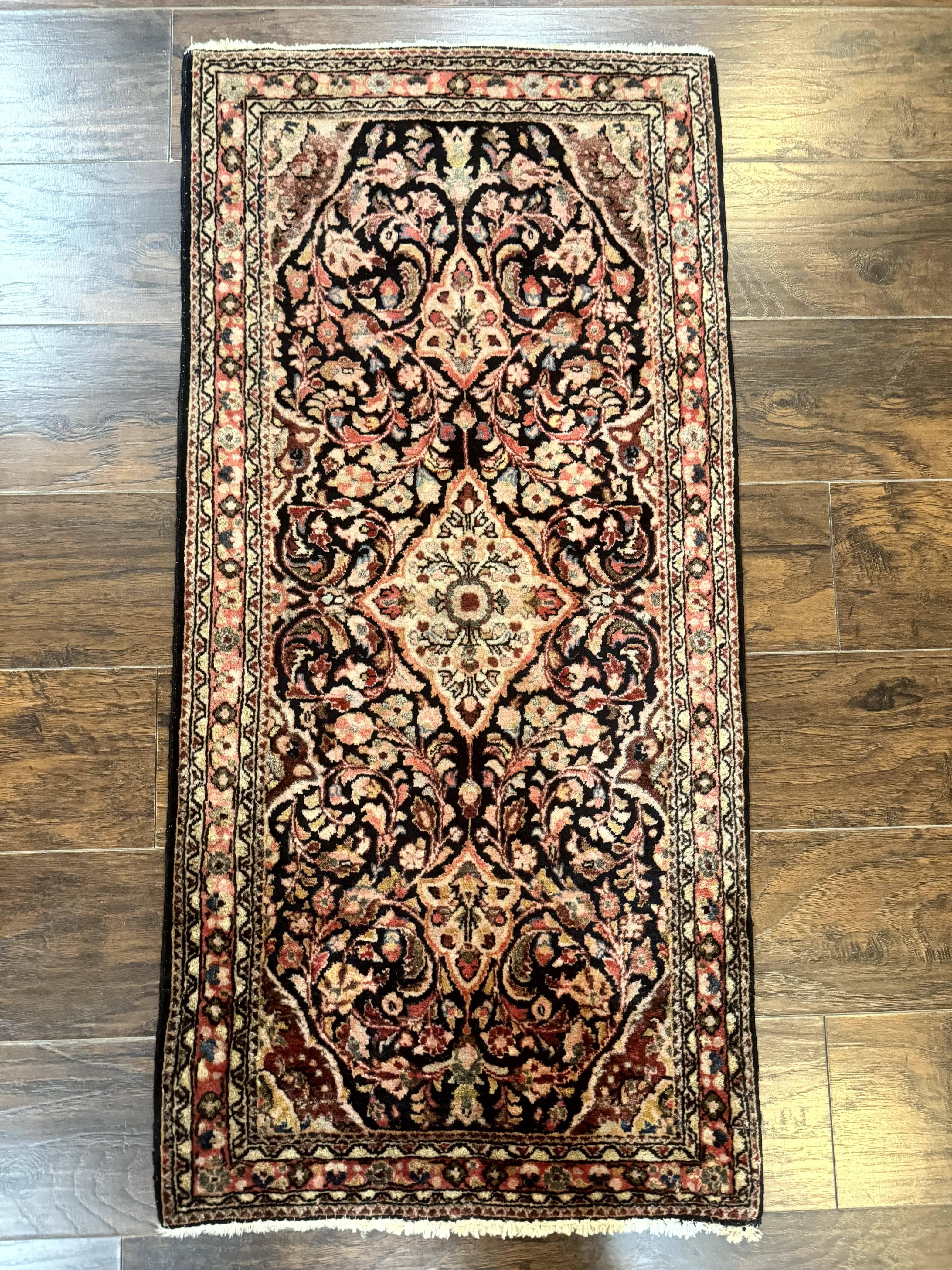 Antique Navy Blue Persian Sarouk Rug 2x4, Floral, Handmade Carpet, Small Persian Rug, Wool Hand Knotted - Jewel Rugs