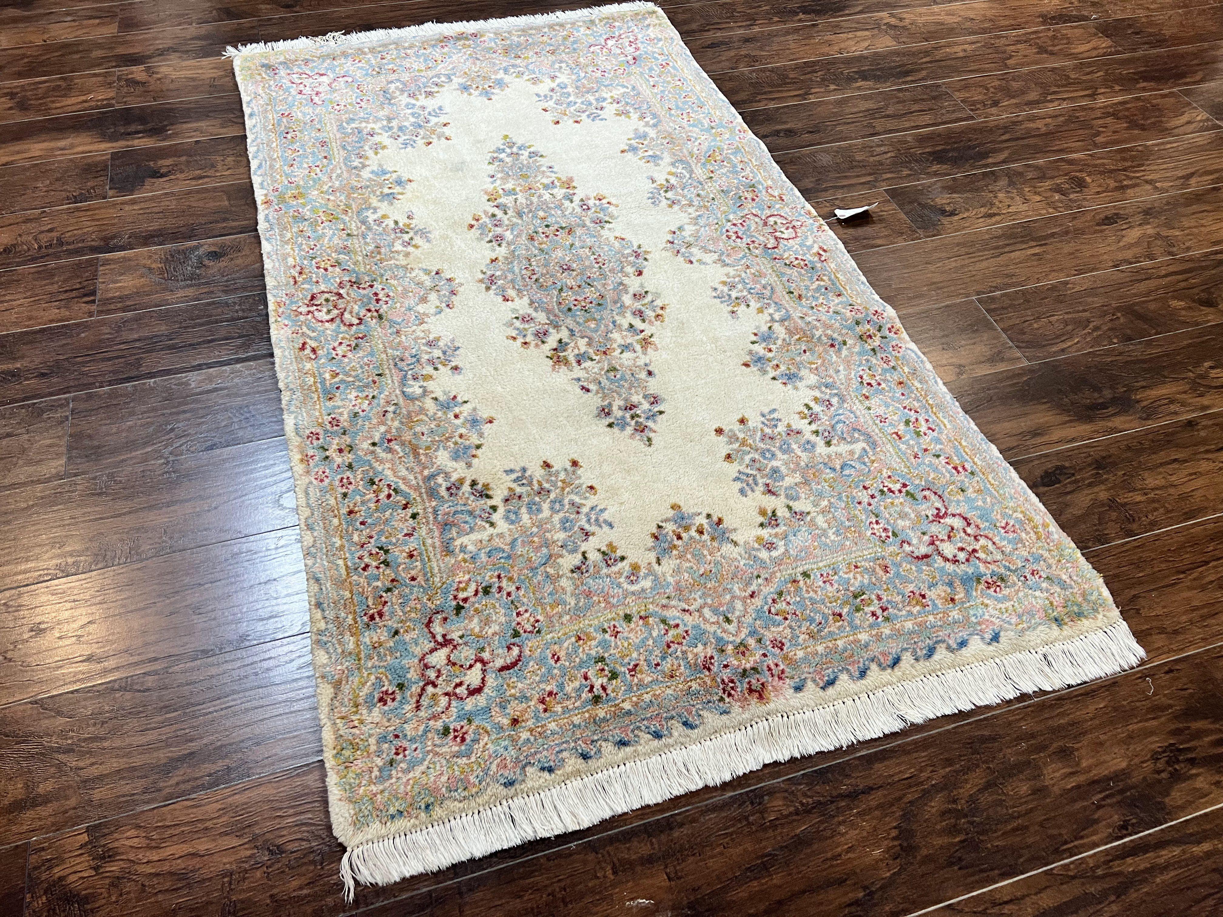 Persian Kirman Rug 4x7, Wool Handmade Vintage Carpet, Cream & Light Blue, Semi Open Field, Traditional Oriental Rug - Jewel Rugs