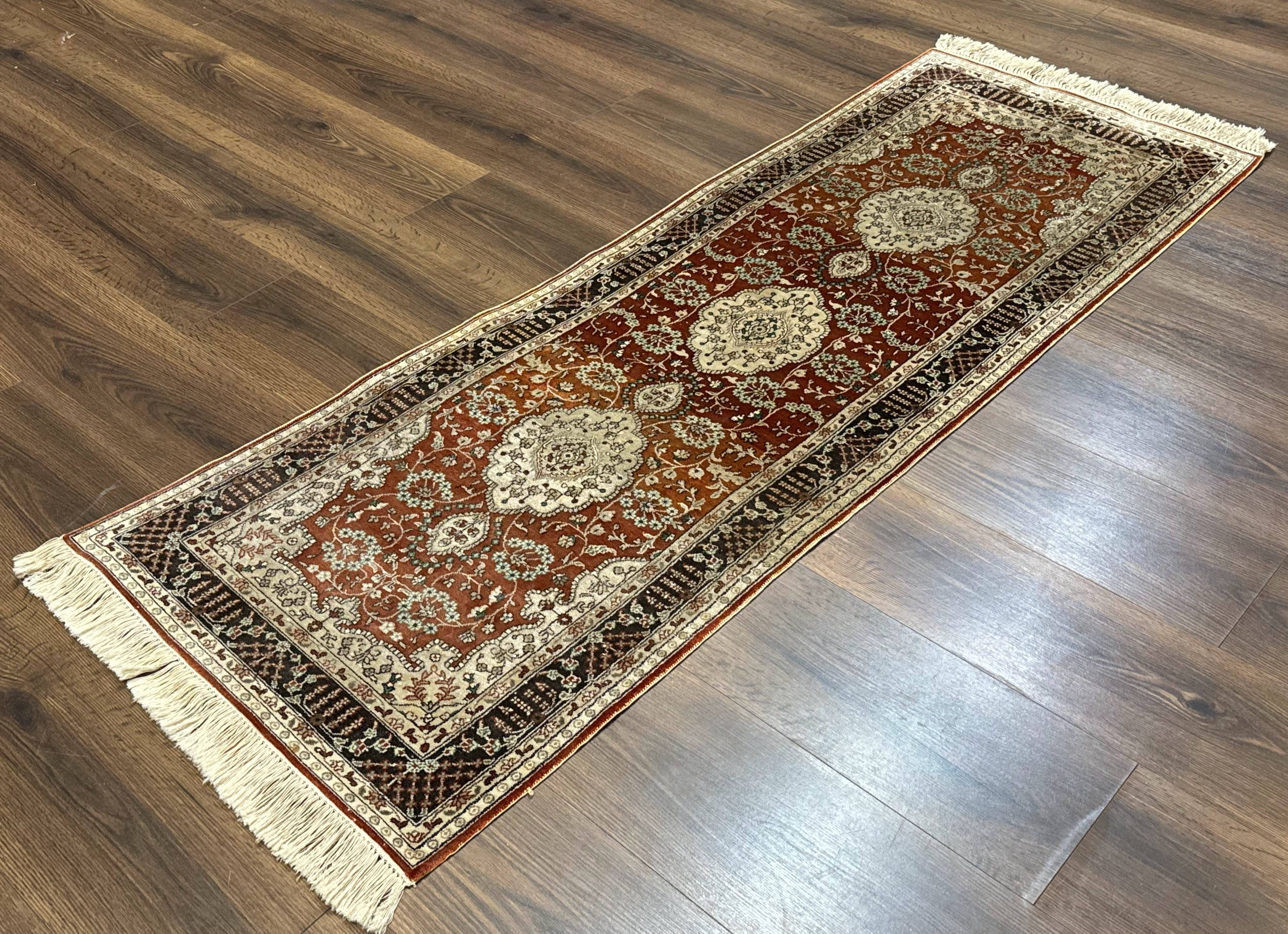 Turkish Silk Narrow Runner Rug 2 x 5.8, Very Fine 340 KPSI, Floral Medallions, Red - Jewel Rugs