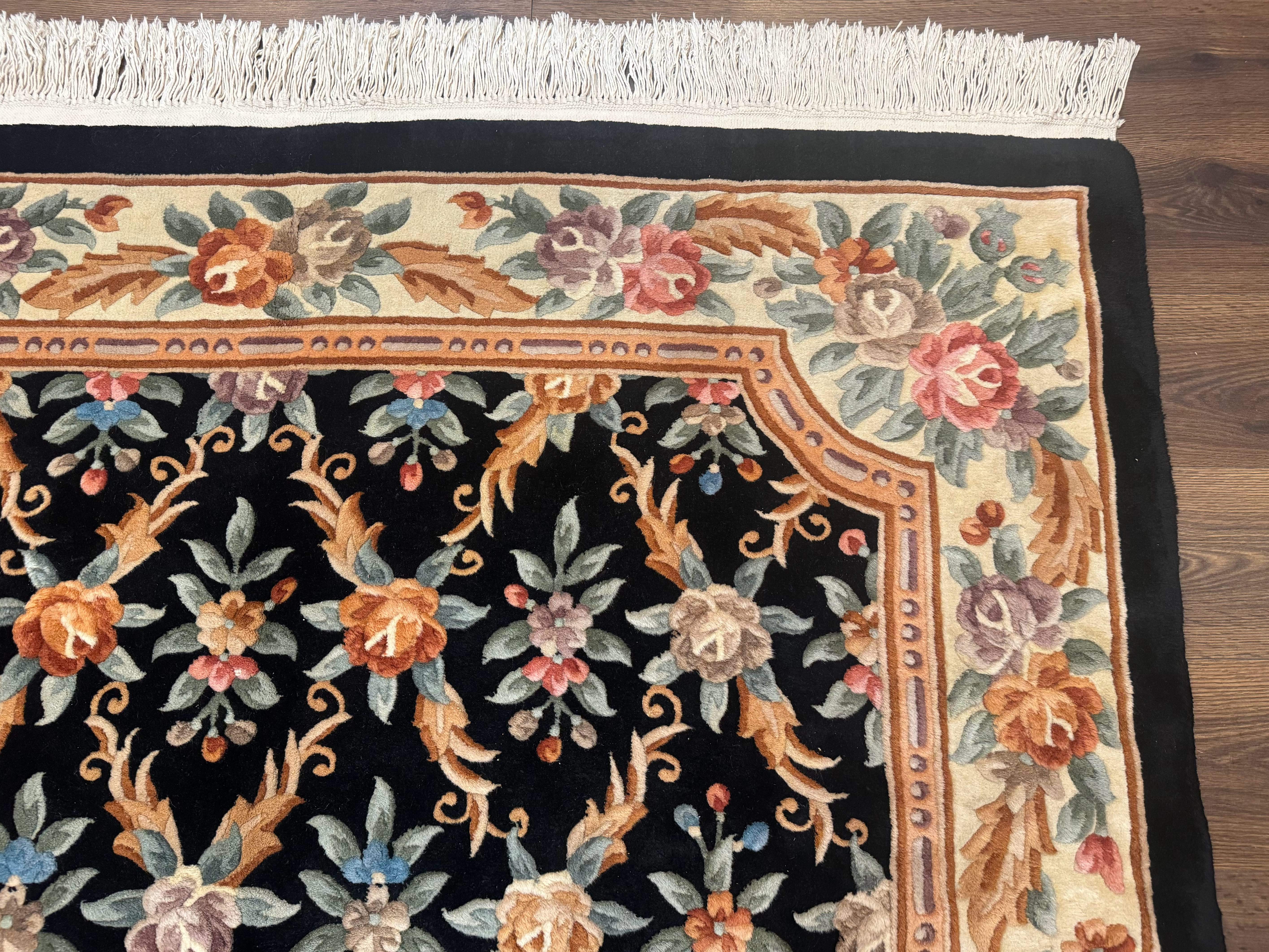 Chinese Wool Rug 6x9, Floral Aubusson Carpet, Black and Cream, 90 Line Rug - Jewel Rugs